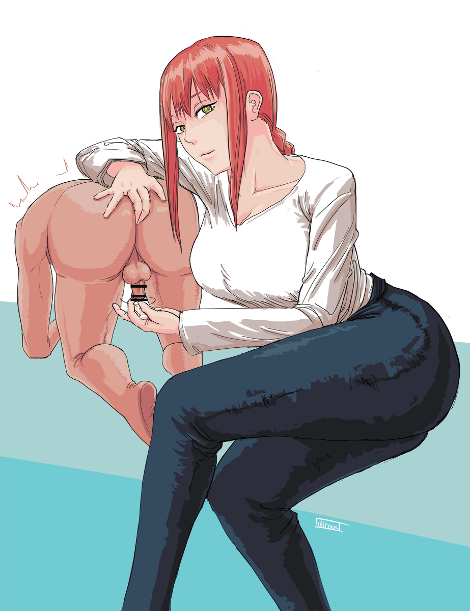 1boy, 1girls, anal fingering, backsack, balls, ballsack, chainsaw man, clothed female nude male, female, femdom, fingering, handjob, lolicaust, makima (chainsaw man), male, male anal, male penetrating, mappa, milking handjob, penis, shounen jump, small penis