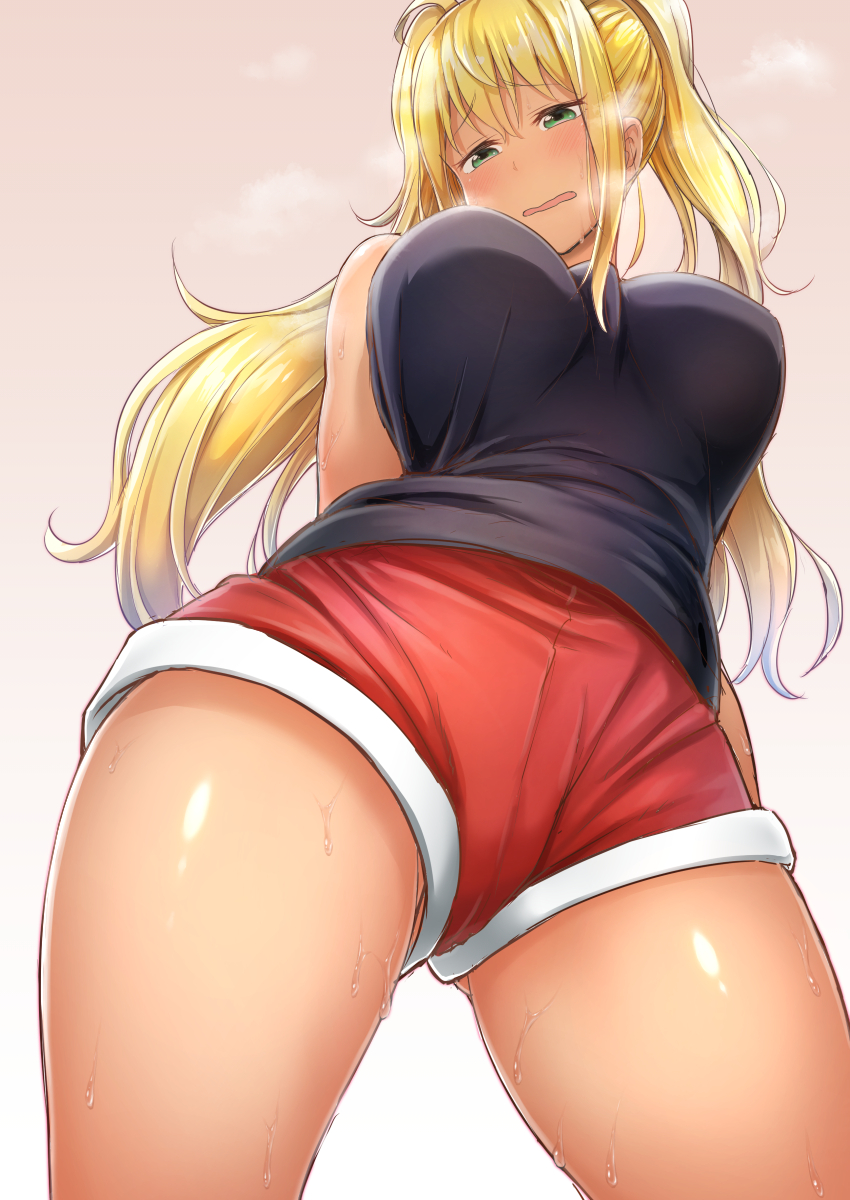 1girls arms_behind_back beige_background big_breasts black_shirt blonde_hair blush breasts dumbbell_nan_kilo_moteru? embarrassed eyebrows_visible_through_hair female female_only from_below gradient gradient_background green_eyes heavy_breathing highres large_breasts long_hair looking_down open_mouth otonari red_shorts sakura_hibiki see-through shirt shorts sleeveless sleeveless_shirt solo solo_female standing sweat tan_skin twintails wavy_mouth