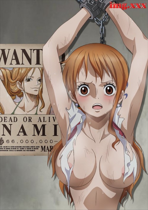 1girls, arm tattoo, arms above head, bdsm, big breasts, blue tattoo, bondage, breasts, captured, chained, chained up, chained wrists, chains, covered nipples, defeated, defeated heroine, english text, female, female only, huge breasts, long hair, nami (one piece), one piece, orange hair, orange-haired female, raida (j5einmnjp3r49k6), ripped clothing, scared, shocked, shocked expression, solo, solo female, tattoo, tattoo on arm, tattooed arm, text, wanted poster, whole cake island