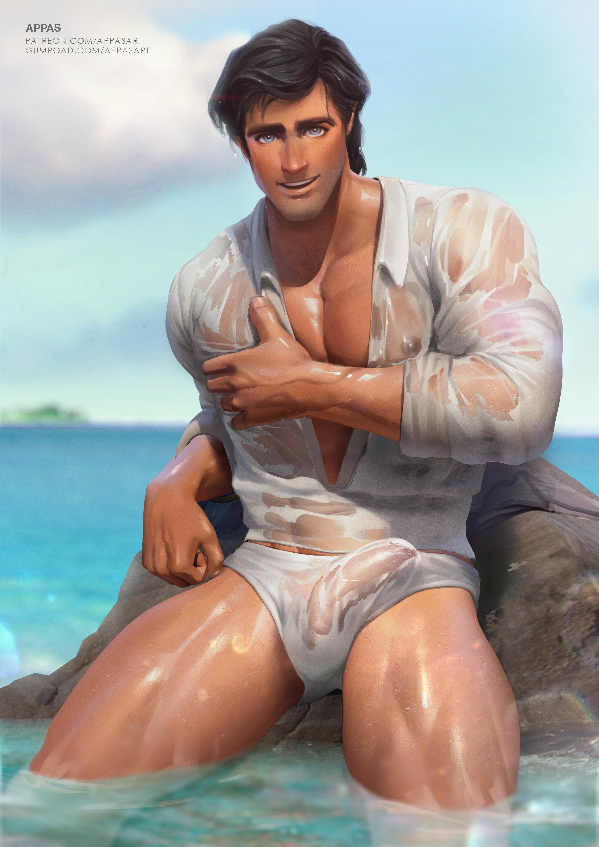 1boy, appasart, black hair, blue eyes, colored, disney, erection, erection under clothes, male, male focus, male only, masculine male, muscular, penis, penis under clothes, prince eric, sea, the little mermaid, thick thighs, underwear, water, wet body, wet clothes, wet shirt, wet underwear, white underwear