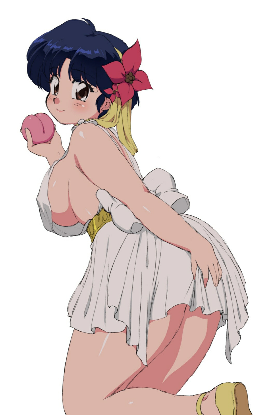 1girls akane_tendo backboob blue_hair brown_eyes clothing curvy dress flower flower_in_hair huge_breasts large_breasts looking_at_viewer mage_(harumagedon) mary_janes peach_(fruit) ranma_1/2 shoes short_hair thick_thighs voluptuous