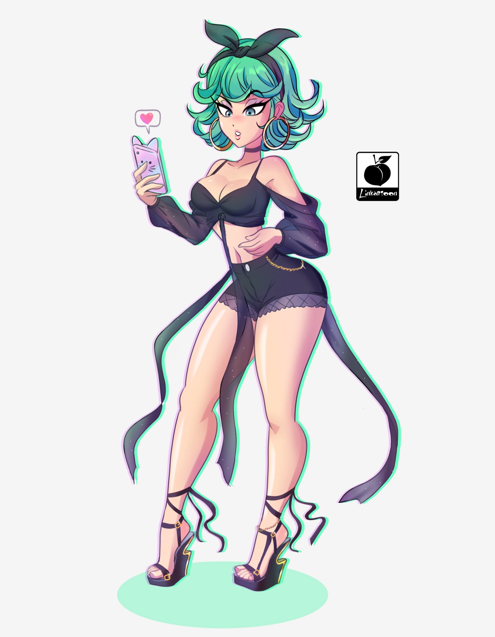 1girls, breasts, cleavage, female, female only, green eyes, green hair, high heels, hips, hoop earrings, hoop earrings oversized, legs, linkartoon, lower body, navel, one-punch man, open toe shoes, short hair, small breasts, solo, superhero, superheroine, tatsumaki, thick thighs, thighs, upper body, very high heels, wedge heels