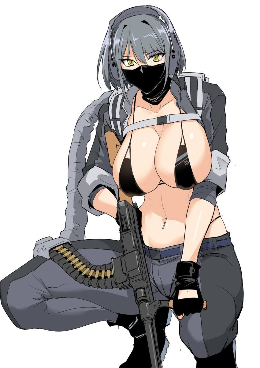 bikini_top cleavage female grey_hair halcon harukon_(halcon) holding_weapon huge_breasts looking_at_viewer machine_gun masked military original original_character pants short_hair thong yellow_eyes