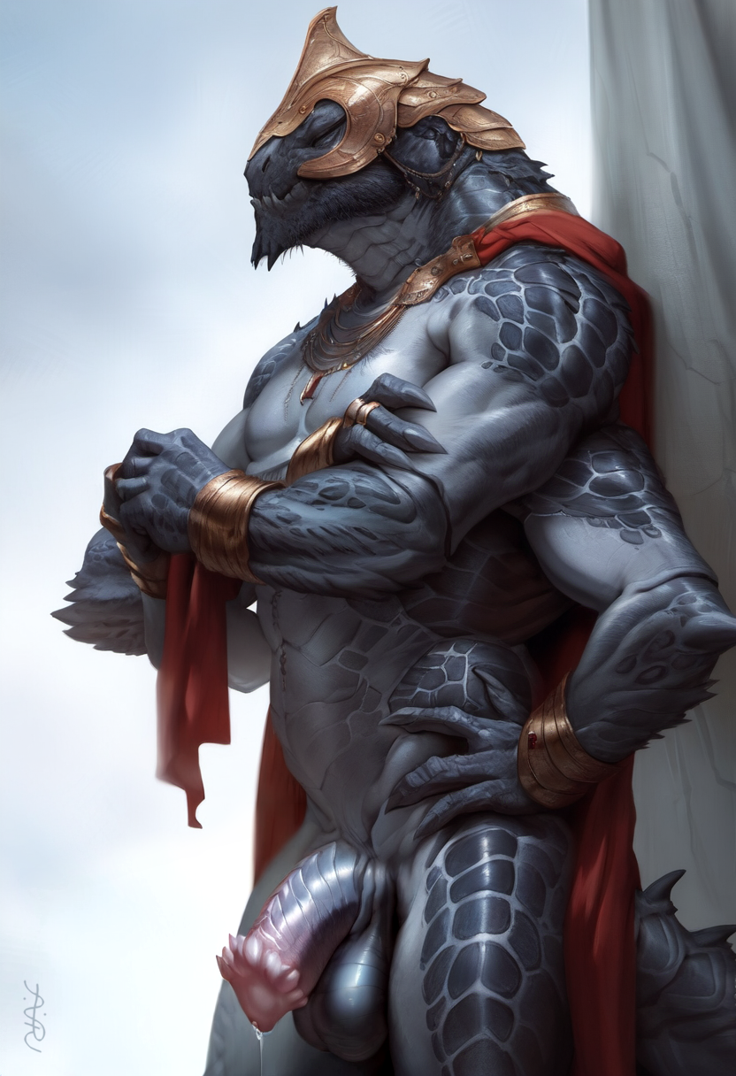 1boy 2024 ai_generated alien alien_humanoid armor avaru balls extraterrestrial flaccid flaccid_penis genitals humanoid jewelry male male_focus male_only multi_arm multi_limb muscular muscular_male penis precum scales scalie simple_background tagme testicles