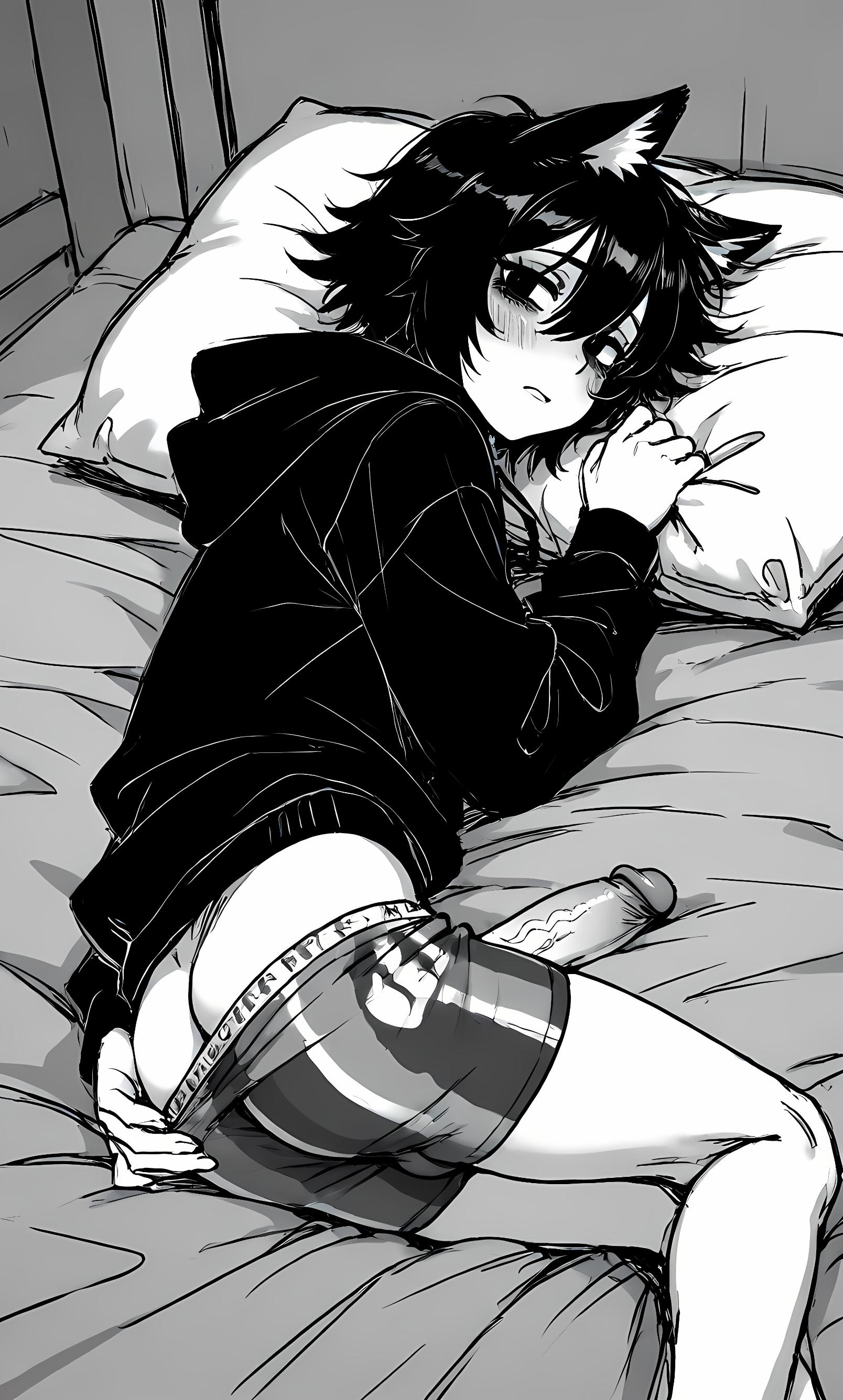 ai generated, big penis, black eyes, black hair, boxers, cat boy, cat ears, catboy, doomer boy, excited, femboy, femboy only, lalass, looking at viewer, lying, lying on bed, male, monochrome, penis, pillow, solo, wojak comics