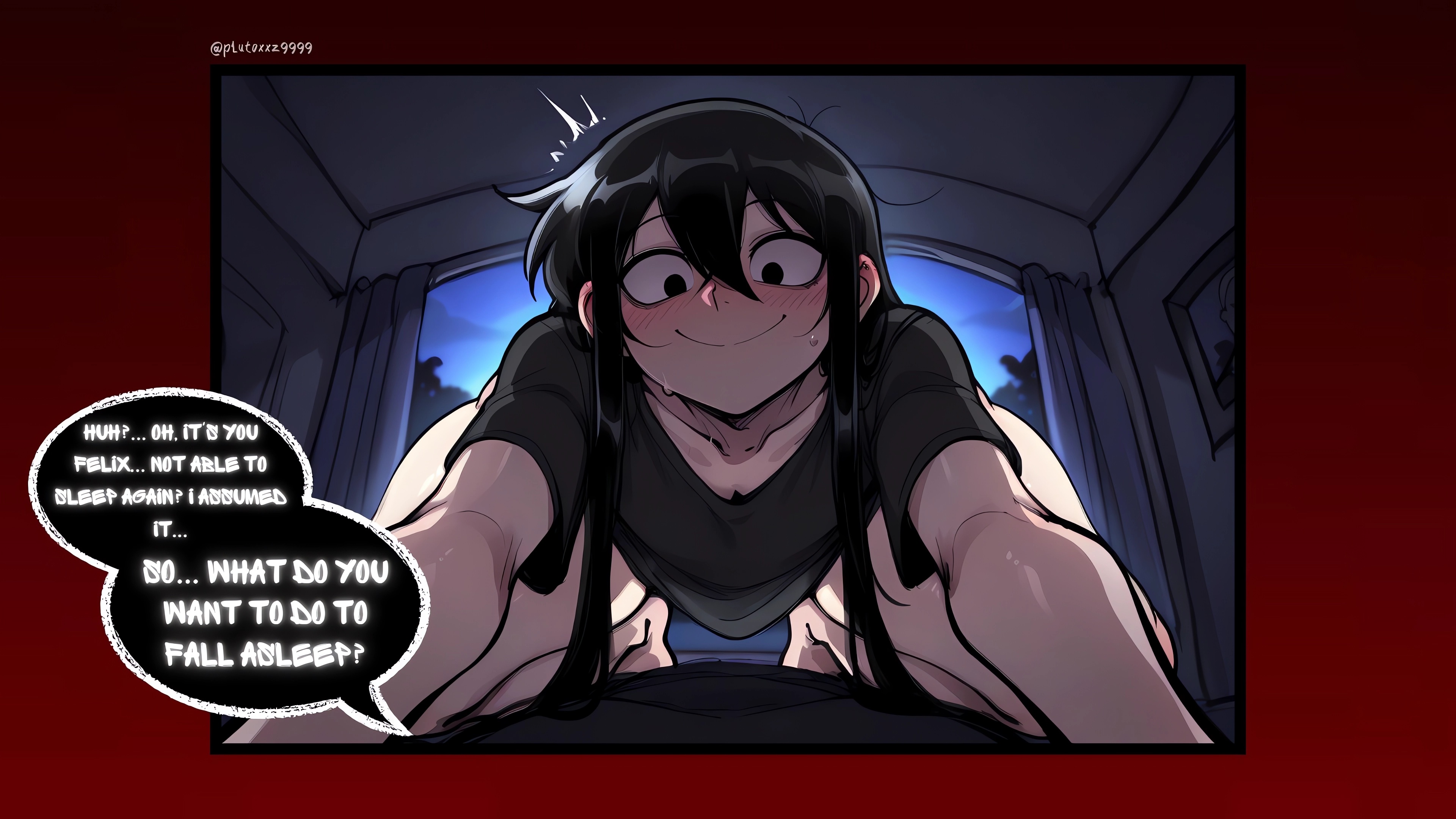 2boys, ai generated, black hair, black t-shirt, dark, dark skin, dark-skinned male, femboy, hair between eyes, long hair, male, night, plutoxxz, t-shirt, tensor art, thick thighs