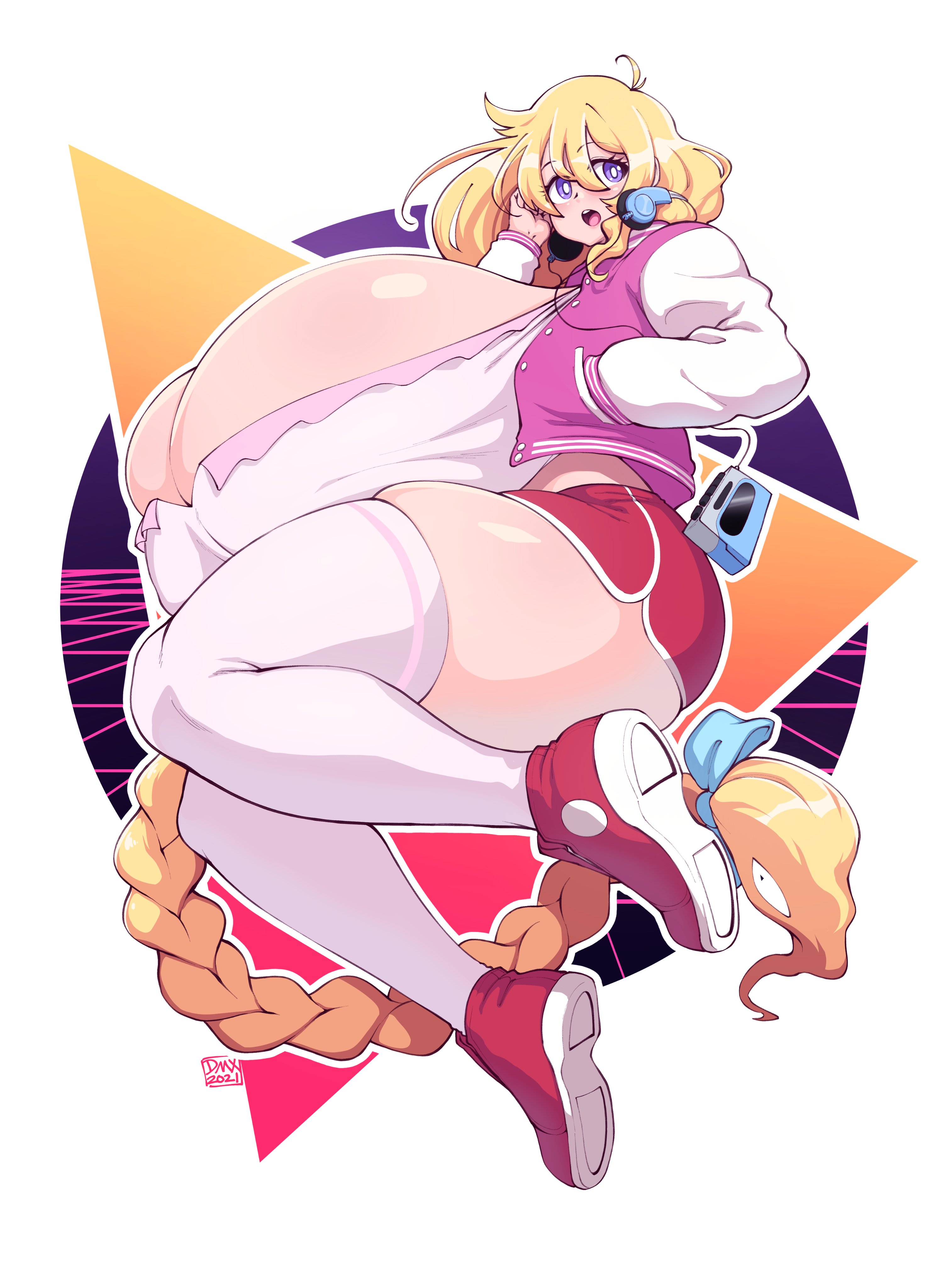 1girls, 2021, ass, big ass, blonde hair, braided hair, braided ponytail, breasts, cassie (theycallhimcake), cleavage, dmxwoops, female, female only, headphones, hyper, hyper breasts, long hair, shorts, skindentation, thick thighs, thighhighs, watermark, wide hips