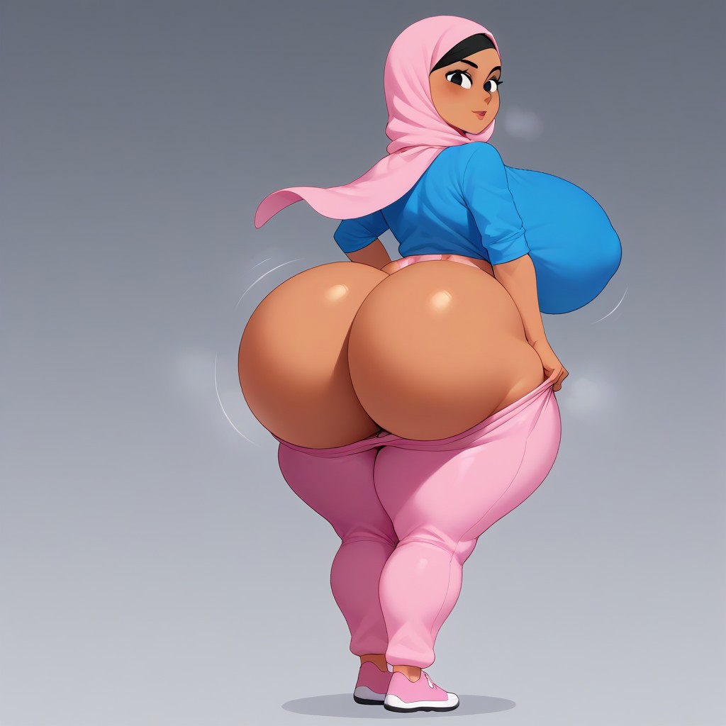 1girls, ai generated, ass, ass focus, big ass, big breasts, black eyes, black hair, blue shirt, breasts, civitai, dark skin, dark-skinned female, duolingo, fat ass, female, female only, hijab, pink pants, solo, zari (duolingo)