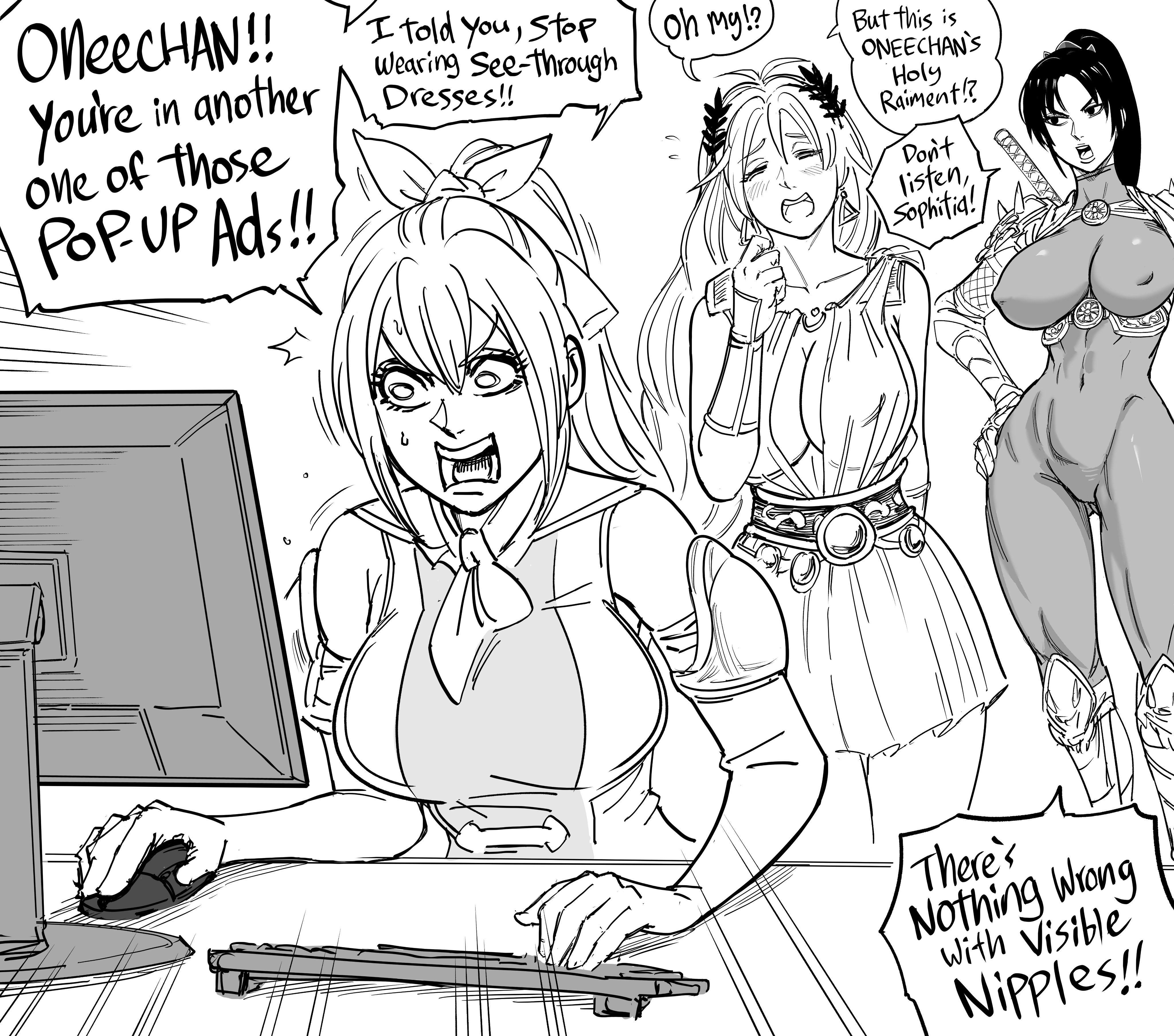 angry, bb (baalbuddy), black and white, breasts, cassandra alexandra, cleavage, clothed, clothed female, embarrassed, female, female only, large breasts, monochrome, multiple females, multiple girls, ninja, siblings, sisters, sophitia alexandra, soul calibur, sword, taki (soulcalibur), weapon