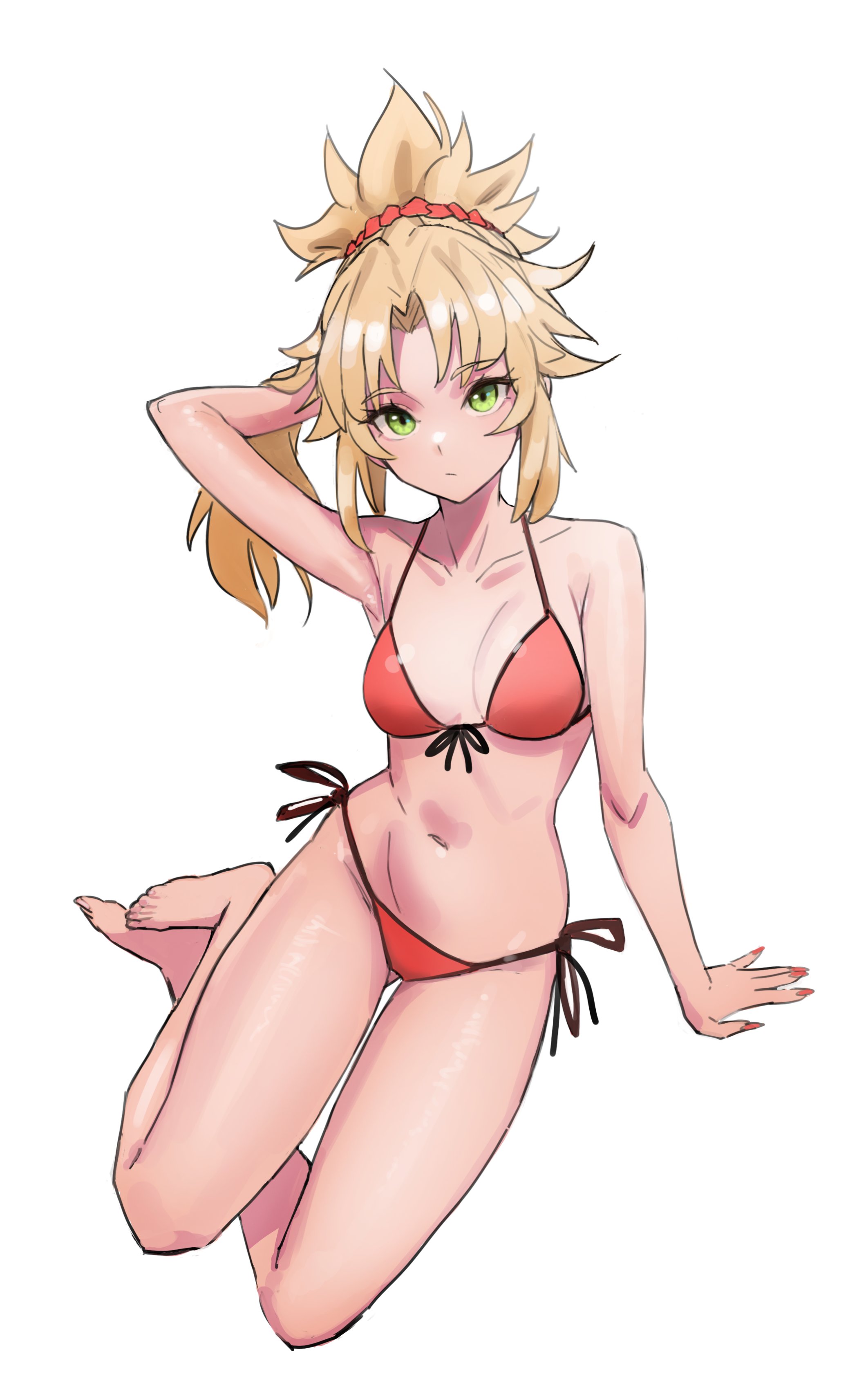 1girls, armpits, arms up, bare arms, bare legs, bare shoulders, barefoot, bikini, blonde hair, breasts, breasts apart, collarbone, fate (series), fate/grand order, feet, female, female only, gem, green eyes, high ponytail, highres, kiritzugu, light skin, light-skinned female, long nails, looking at viewer, medium breasts, midriff, mordred (fate), mordred (swimsuit rider), painted nails, pale skin, pale-skinned female, ponytail, posing, scrunchie, sitting, solo, swimsuit, thighs, toned, toned female, white background