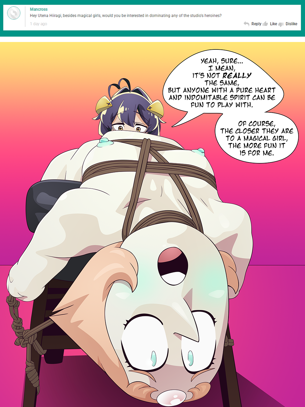 bdsm, black hair, blue nipples, bondage, cartoon network, crossover, dark magical girl, dialogue, eastern and western character, english text, female, female only, hiiragi utena, magia baiser, magical girl, mahou shoujo ni akogarete, naked, nearphotison, nude, nude female, pearl (steven universe), rope bondage, shibari, steven universe, text, yellow eyes, yuri
