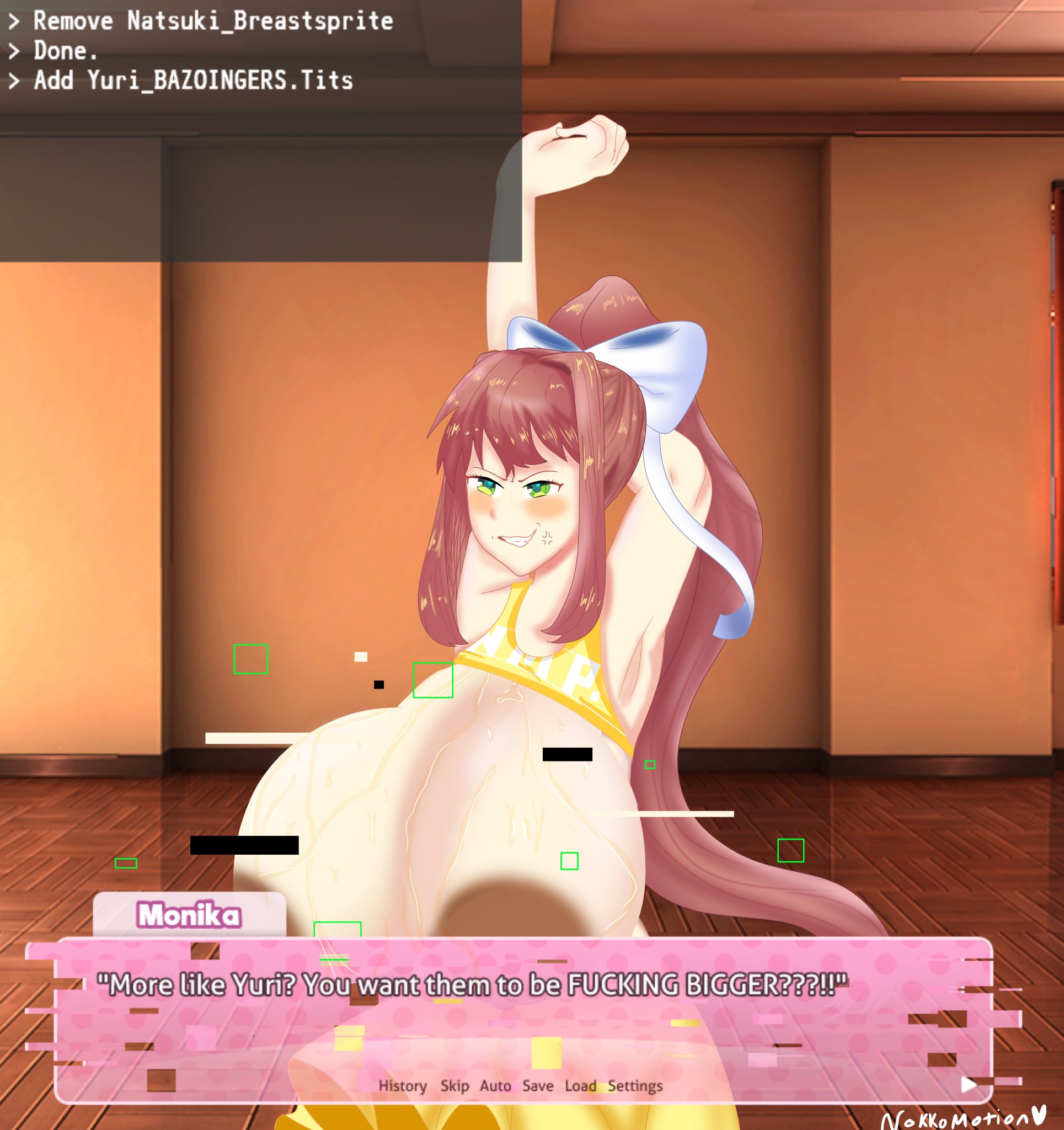 1girls, angry, annoyed, areolae, armpits, arms behind head, arms up, breast expansion, breast growth, breast growth (enlargement), breasts, breasts exposed, brown hair, cheerleader, cheerleader uniform, ddlc text box, dialogue, doki doki literature club, exposed breasts, female, gameplay mechanics, gigantic breasts, green eyes, kneeling, large areolae, monika (doki doki literature club), nipples, no bra, nokkomotion, ponytail, ribbon, shirt lift, sitting, skirt, talking to viewer, text, white ribbon, yellow skirt