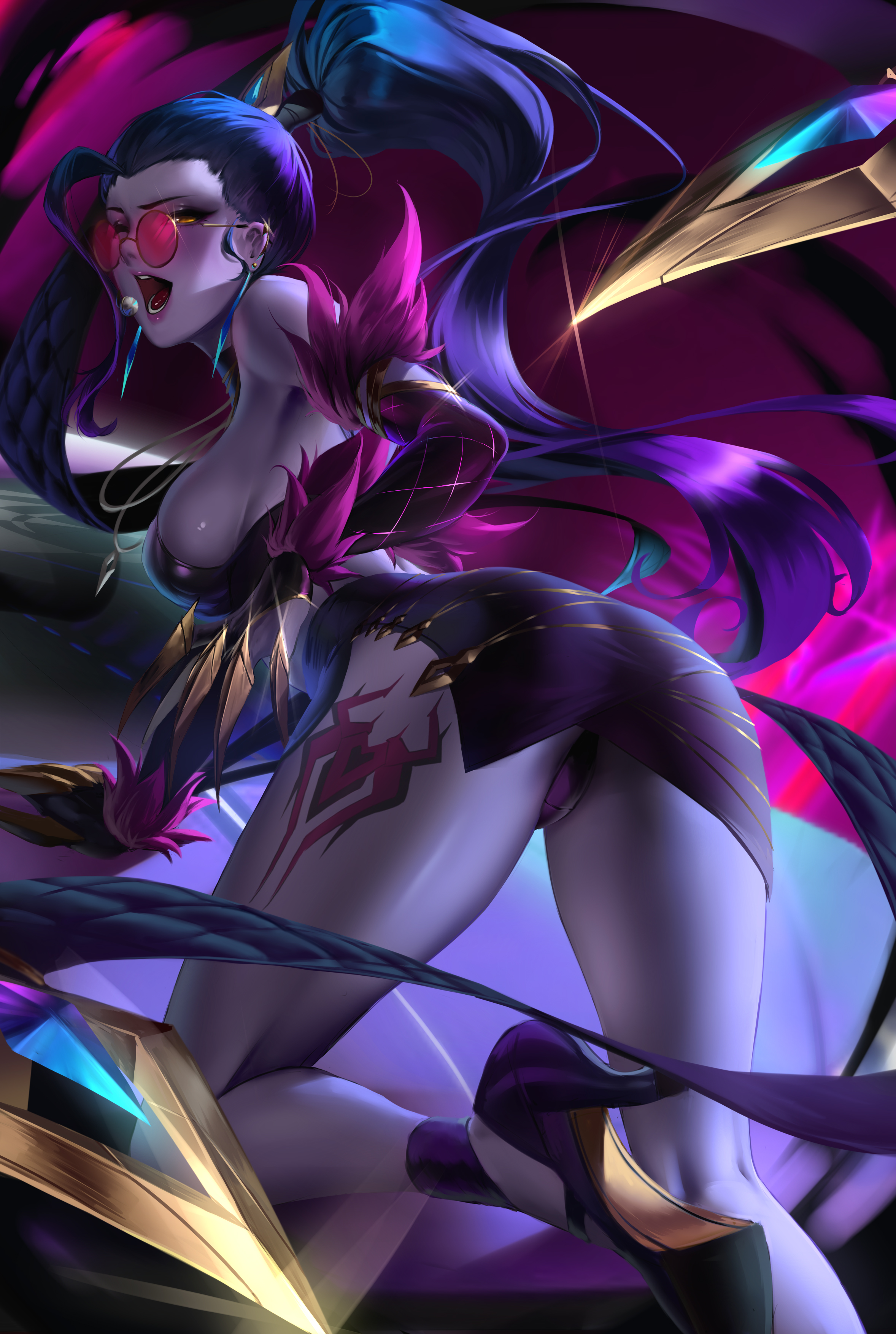 1girls, ass, black skirt, blizzard entertainment, cianyo, evelynn, female, glasses, high heels, k/da evelynn, k/da evelynn (cosplay), k/da series, league of legends, leg tattoo, legs, lips, lipstick, looking over eyewear, looking over glasses, makeup, open mouth, overwatch, panties, pink-tinted eyewear, purple hair, purple skin, skirt, solo, stiletto heels, sunglasses, tattoo, tight skirt, tights, tinted eyewear, widowmaker, yellow eyes