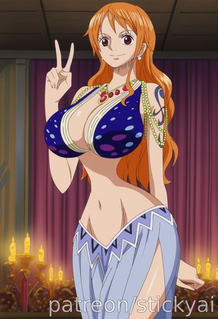 1girls, ai generated, anime, arm tattoo, belly dancer, belly dancer outfit, blue tattoo, breasts, eyes, female, female only, fit, harem girl, harem outfit, nami (one piece), one piece, orange hair, orange-haired female, stickyai, tattoo