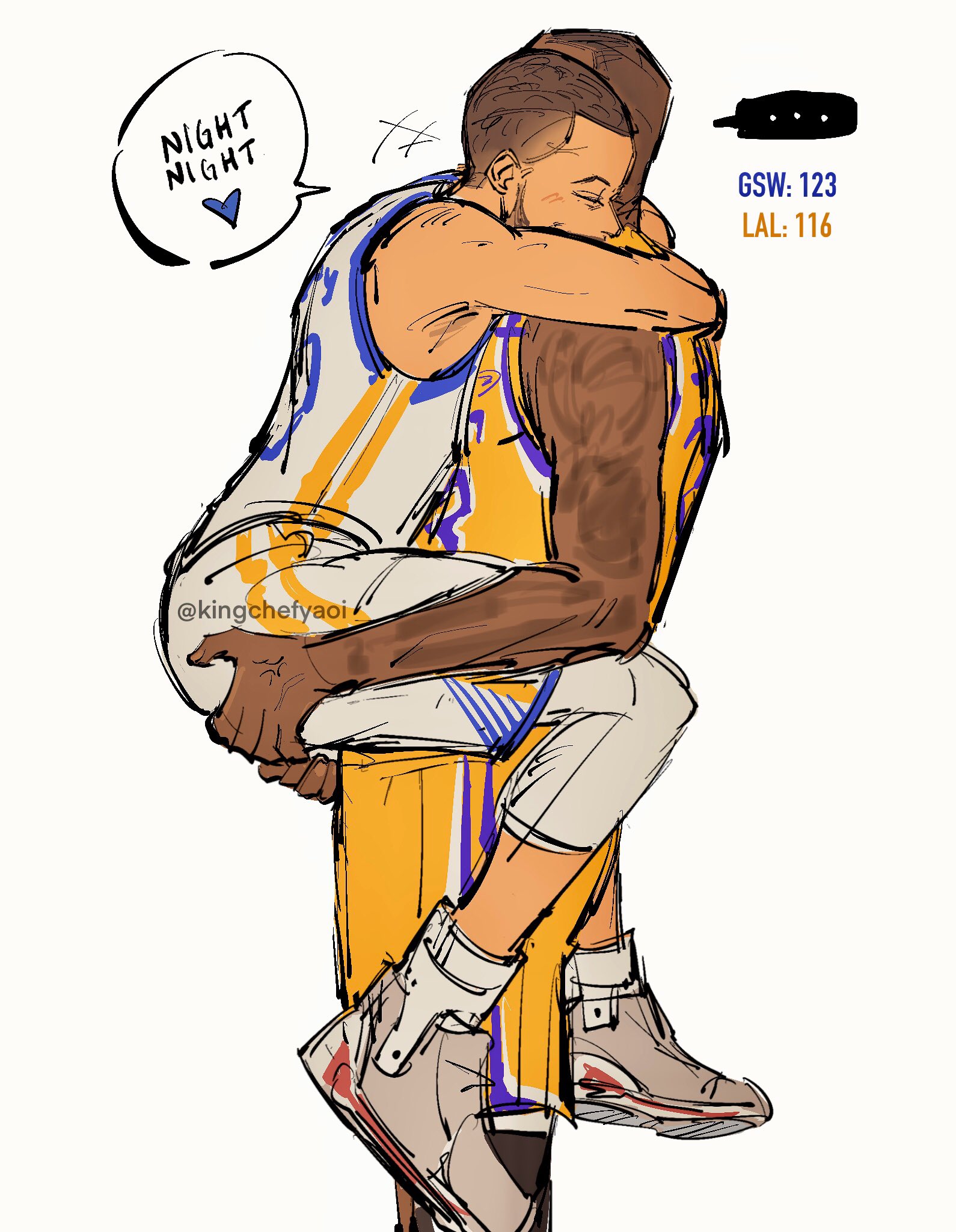 ..., 2boys, ass, ass grab, basketball uniform, clothed, dark skin, dark-skinned male, english text, gay, gay male, goat, golden state warriors, hug, hugging, kingchefyaoi, lebron james, los angeles lakers, male, male only, male/male, muscular, muscular male, nba, real person, shaved head, shorts, sleeping, stephen curry, tank top, topwear, upright straddle, yaoi