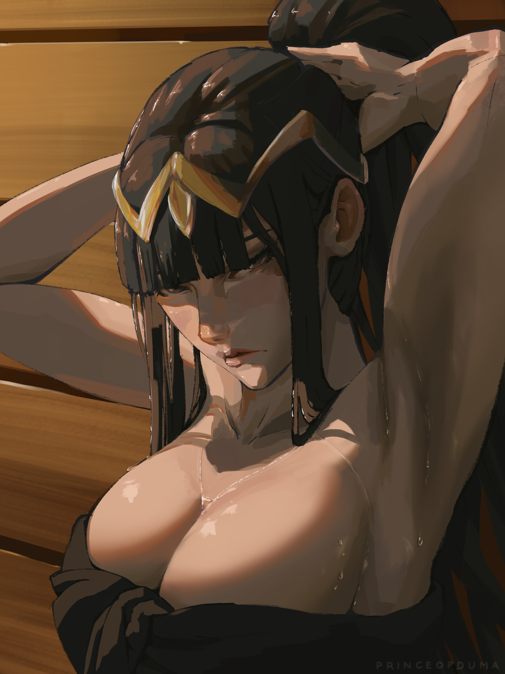1girls, 2025, 2d, 2d (artwork), adjusting hair, armpits, artist name, bath, big breasts, black hair, breasts, cleavage, crown, female, female only, fire emblem, fire emblem awakening, long hair, looking at viewer, princeofduma, questionable, sauna, solo, solo female, straight hair, sweat, tharja (fire emblem), towel, tying hair