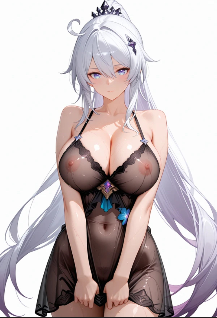 ai generated, baddies, black clothing, blue eyes, blush, blushing at viewer, breasts, breasts out, female, female focus, female only, honkai impact 3rd, huge breasts, kiana kaslana, long hair, looking at viewer, nightgown, no bra, no panties, see-through, see-through clothing, shiny skin, standing, thick thighs, thighs, waiting for sex, white background, white hair