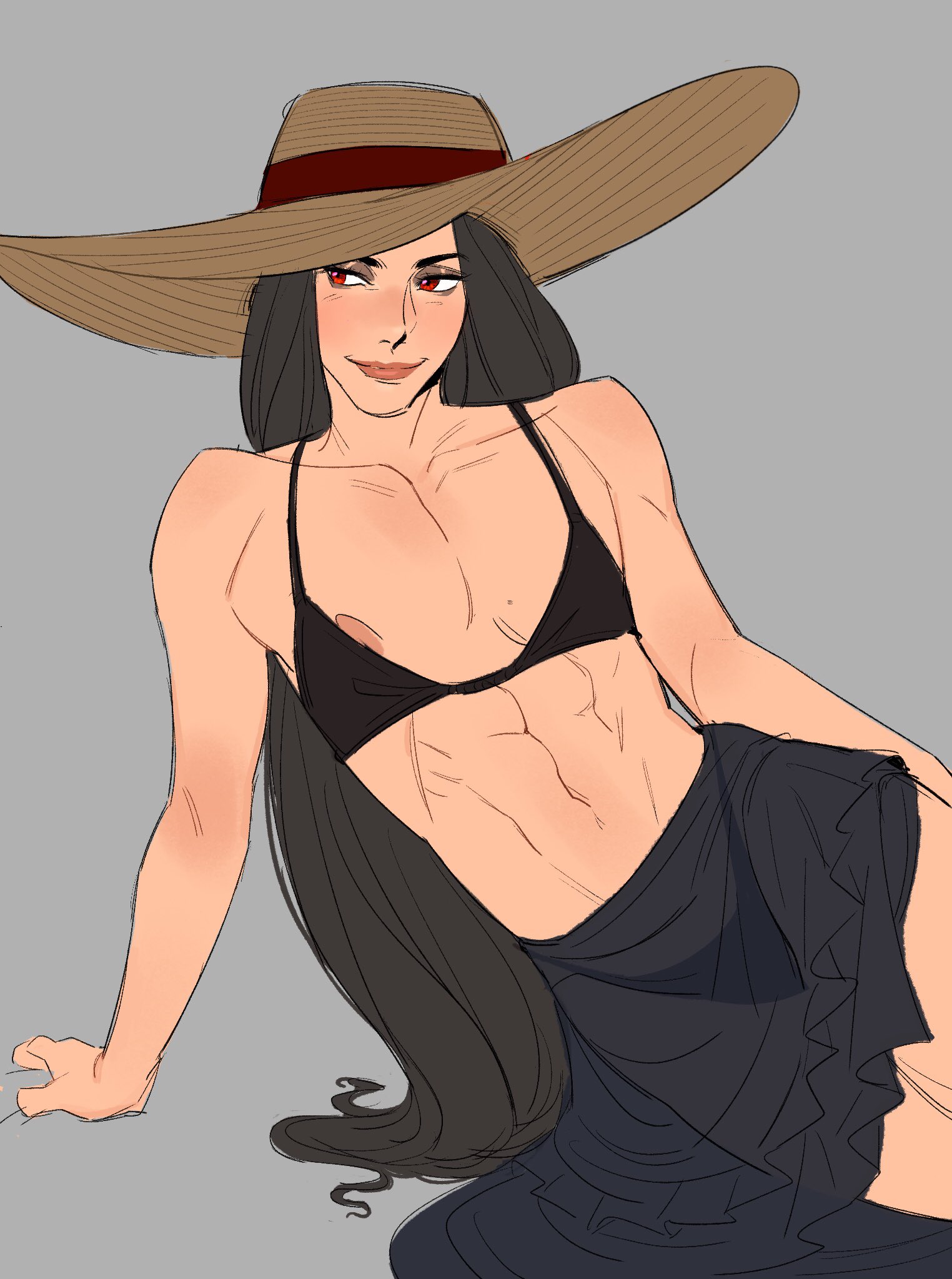 2d, 2d (artwork), abs, beach hat, beautiful, black hair, blush, dxhird, guilty gear, guilty gear strive, long hair, nipple slip, nonbinary, red eyes, seductive look, sedutive smile, swimsuit, testament (guilty gear)