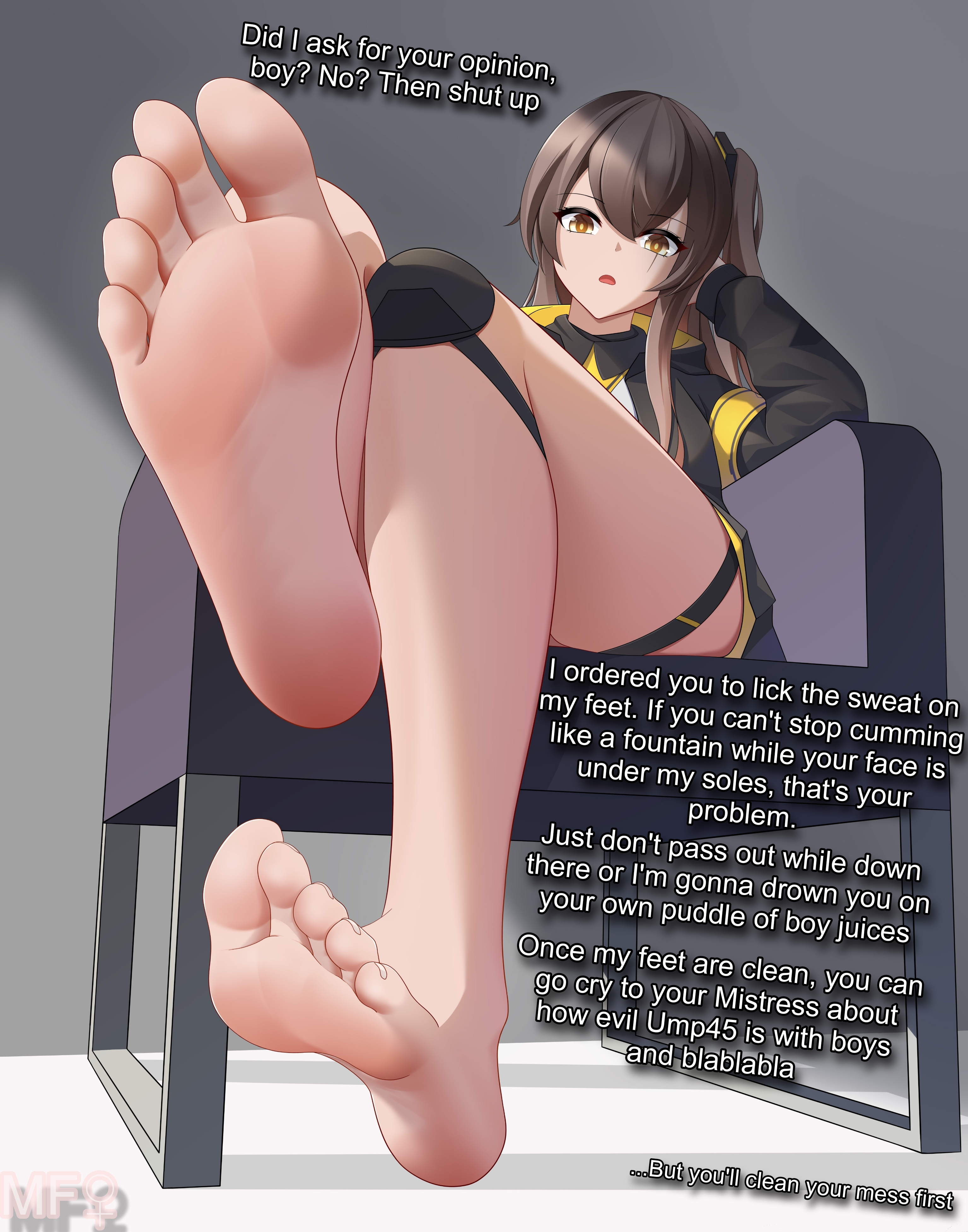 1girls, bare legs, barefoot, dominant, dominant female, domination, ershi wangyousheng, feet, female, femdom, foot fetish, foot focus, foot play, foot worship, girls' frontline, legs crossed, looking at viewer, pov, sexism, sitting, soles, tagme, text, toenails, toes, ump45 (girls' frontline)