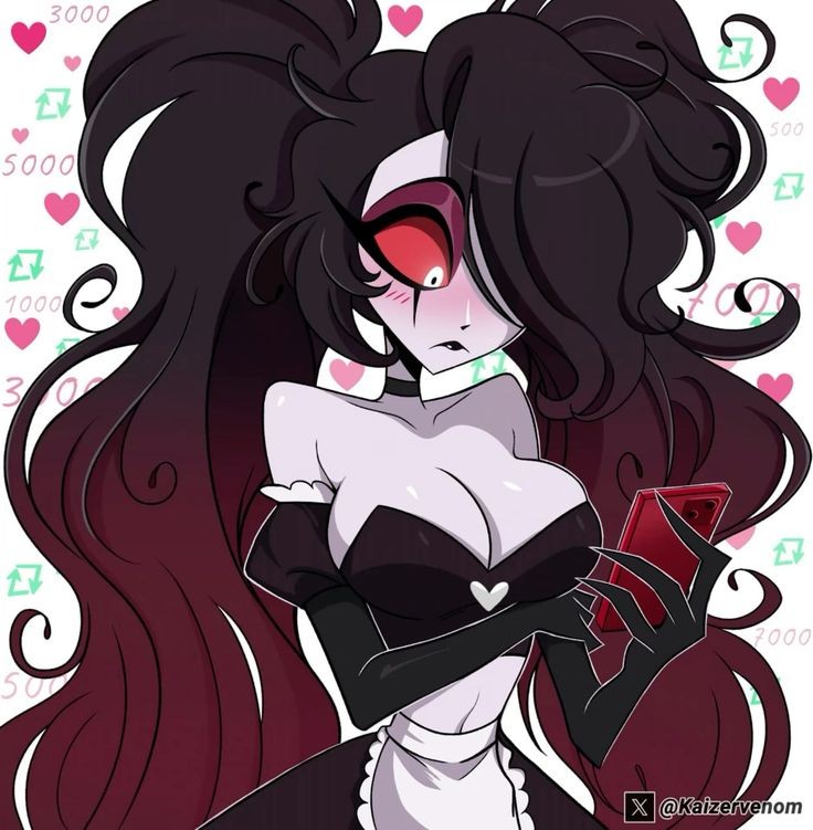 big breasts, breasts, female, female only, hazbin hotel, long hair, maid uniform, one eye covered, roo (hazbin hotel), shocked