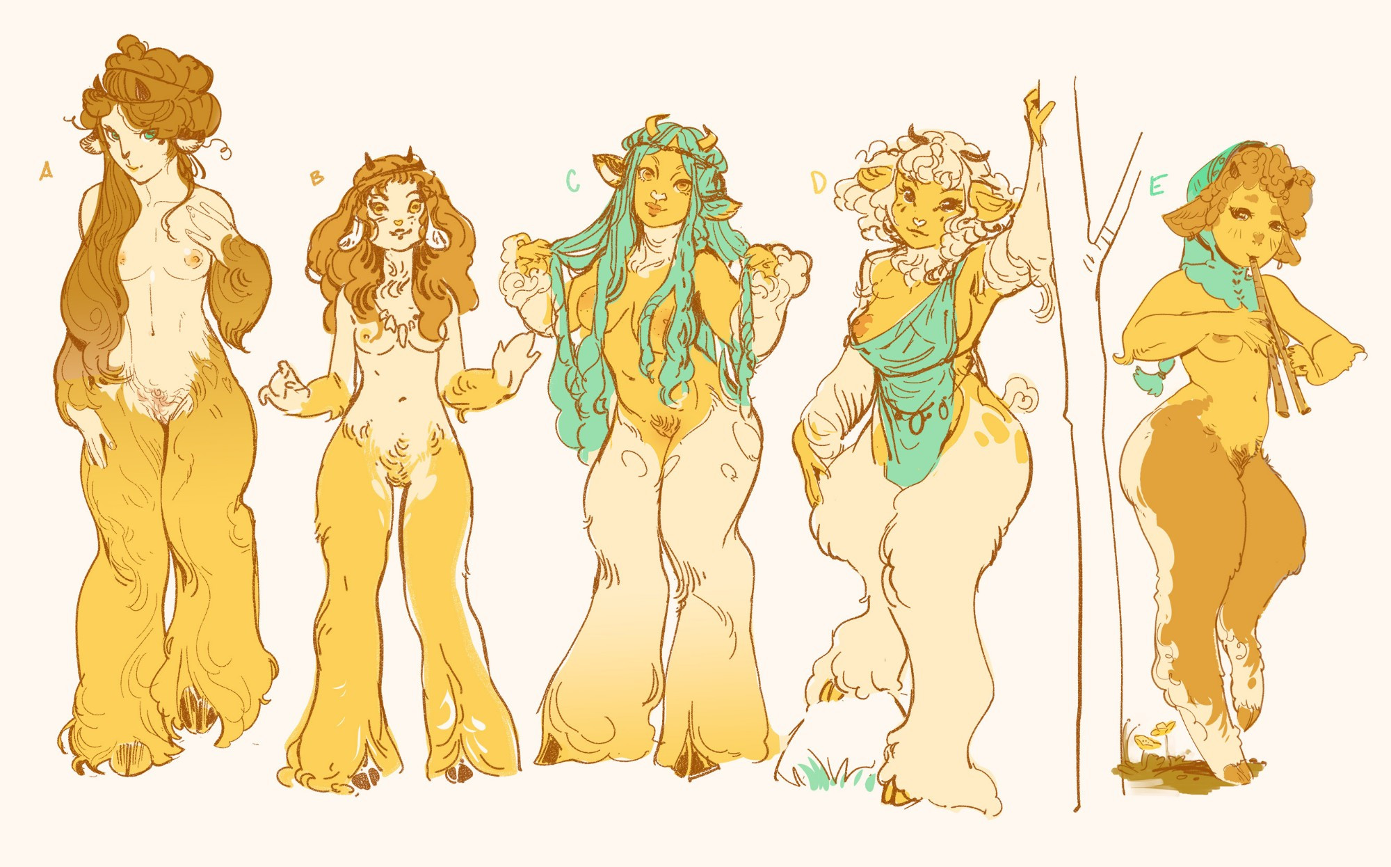5girls, breasts, brown fur, brown hair, female, female only, female pubic hair, hooves, large breasts, looking at viewer, nude, nude female, original, original characters, outdoor nudity, outdoors, pubic hair, pussy, satyr, vagina, wintonkidd