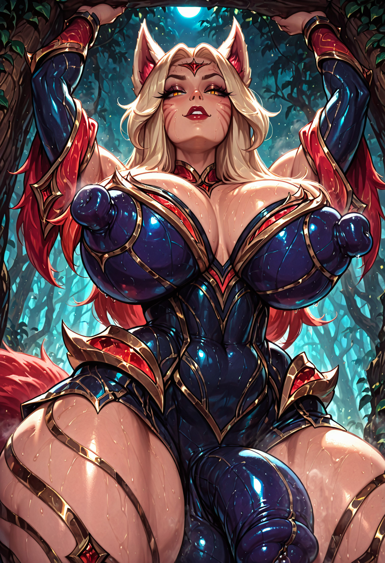 1futa, ahri, ai generated, arms up, balls, big balls, big breasts, big nipples, big penis, blonde hair, breasts, bulge, bulge through clothing, cummandre, facial markings, female, fox ears, fox girl, from below, futanari, immortalized legend ahri, intersex, league of legends, looking at viewer, low-angle view, nipple bulge, orange eyes, penis, precum, red lipstick, sweat, taker pov, thick thighs