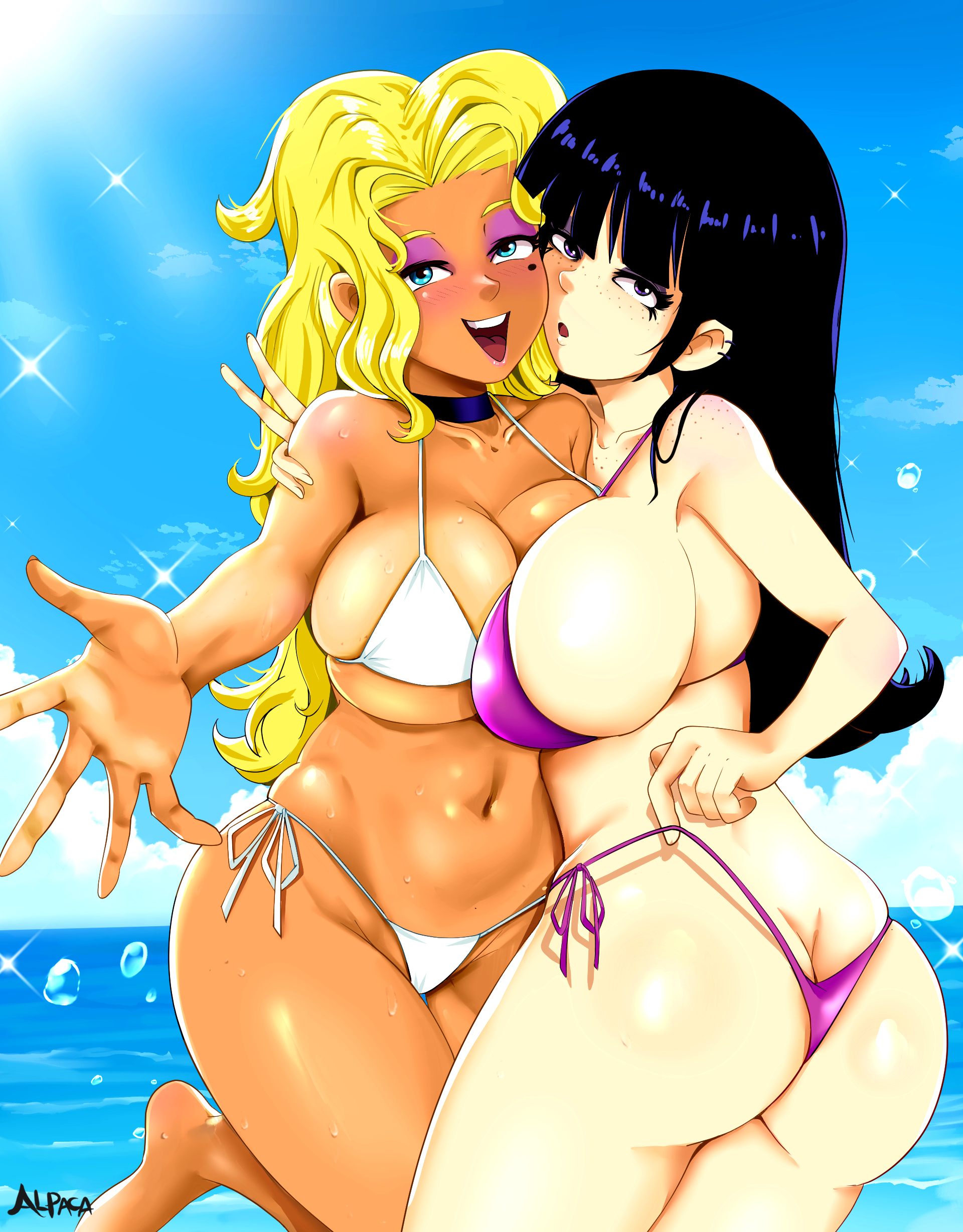 2girls, alpaca nsfw, ass, back view, beach, big ass, big breasts, big butt, big thighs, big titties, bikini, black hair, breasts, brown skin, curvaceous, curvaceous female, curvaceous figure, curvy, curvy figure, female, female only, inviting to sex, long hair, looking at viewer, maggie (the loud house), original, original character, seductive, the loud house, white body, yellow hair