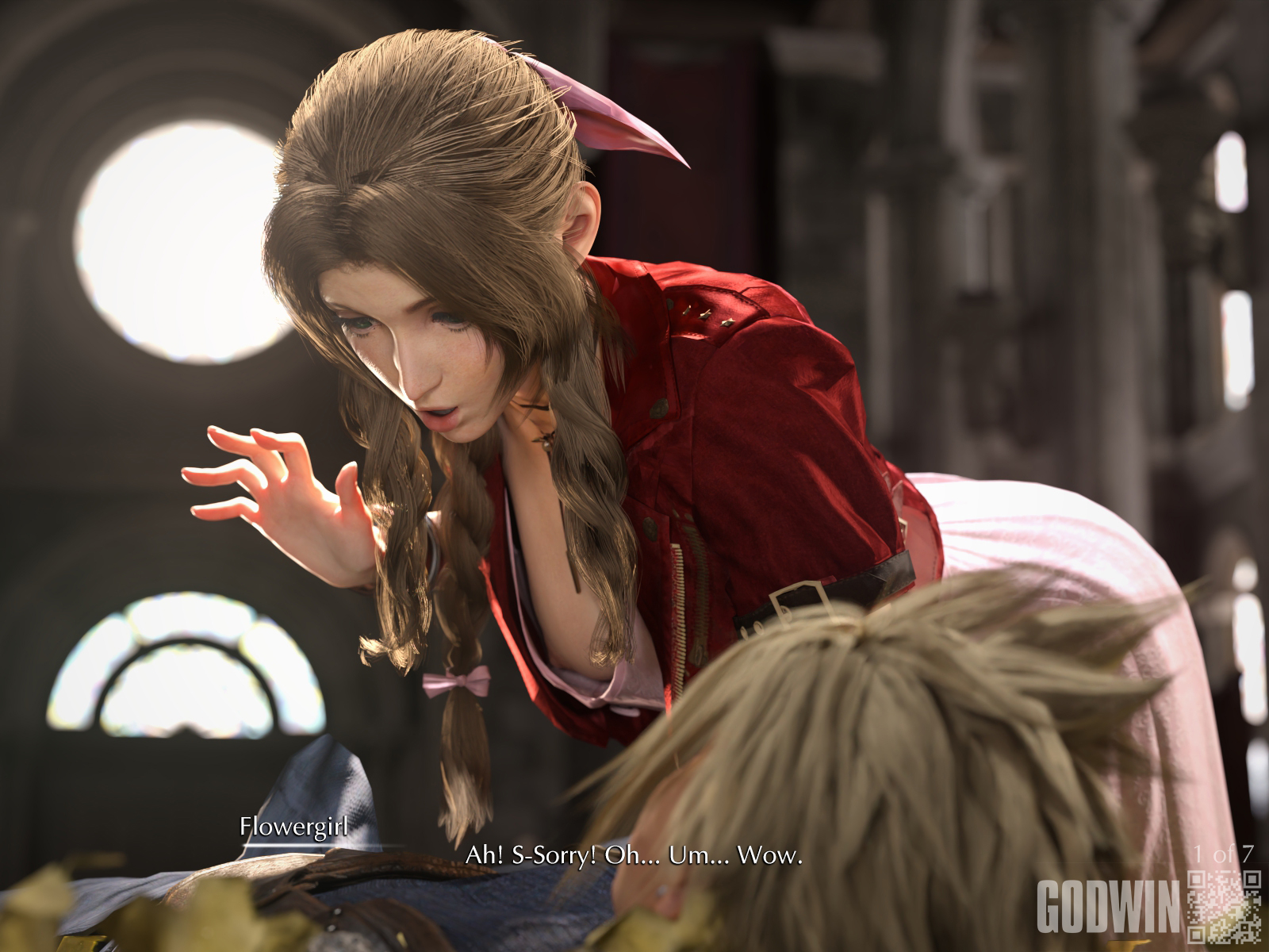 1boy, 1girls, 3d, aerith gainsborough, blonde hair, braid, braided hair, braided ponytail, breasts, brown hair, bulge, bulge through clothing, caption, cleavage, clothed, clothed male, cloud strife, dialogue, female, final fantasy, final fantasy vii, final fantasy vii remake, godwin, green eyes, light skin, light-skinned female, light-skinned male, long hair, looking at another, looking at another's penis, male, neroxliv, nipple slip, nipslip, penis, shocked, small breasts, subtitled, surprised, surprised expression, tagme