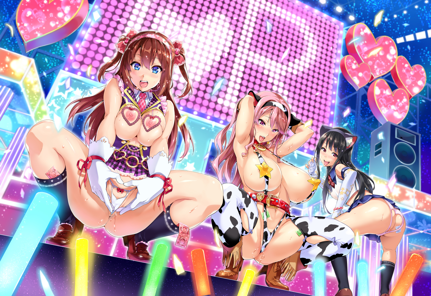 3girls, animal ears, animal print, anus, armpits, arms behind head, ass, belt, big breasts, black hair, blue eyes, breasts, brown hair, cat ears, collar, cow ears, cow girl, cow print, curvy, elbow gloves, female, gloves, heart-shaped pupils, high heel boots, high heels, honami aihara, idol, imaria, kneehighs, long hair, multiple females, multiple girls, nipple covers, nipples, open mouth, pasties, pink hair, presenting, purple eyes, pussy, pussy juice, red eyes, squatting, stage, sweat, takeda hiromitsu, thighhighs, tongue, tongue out