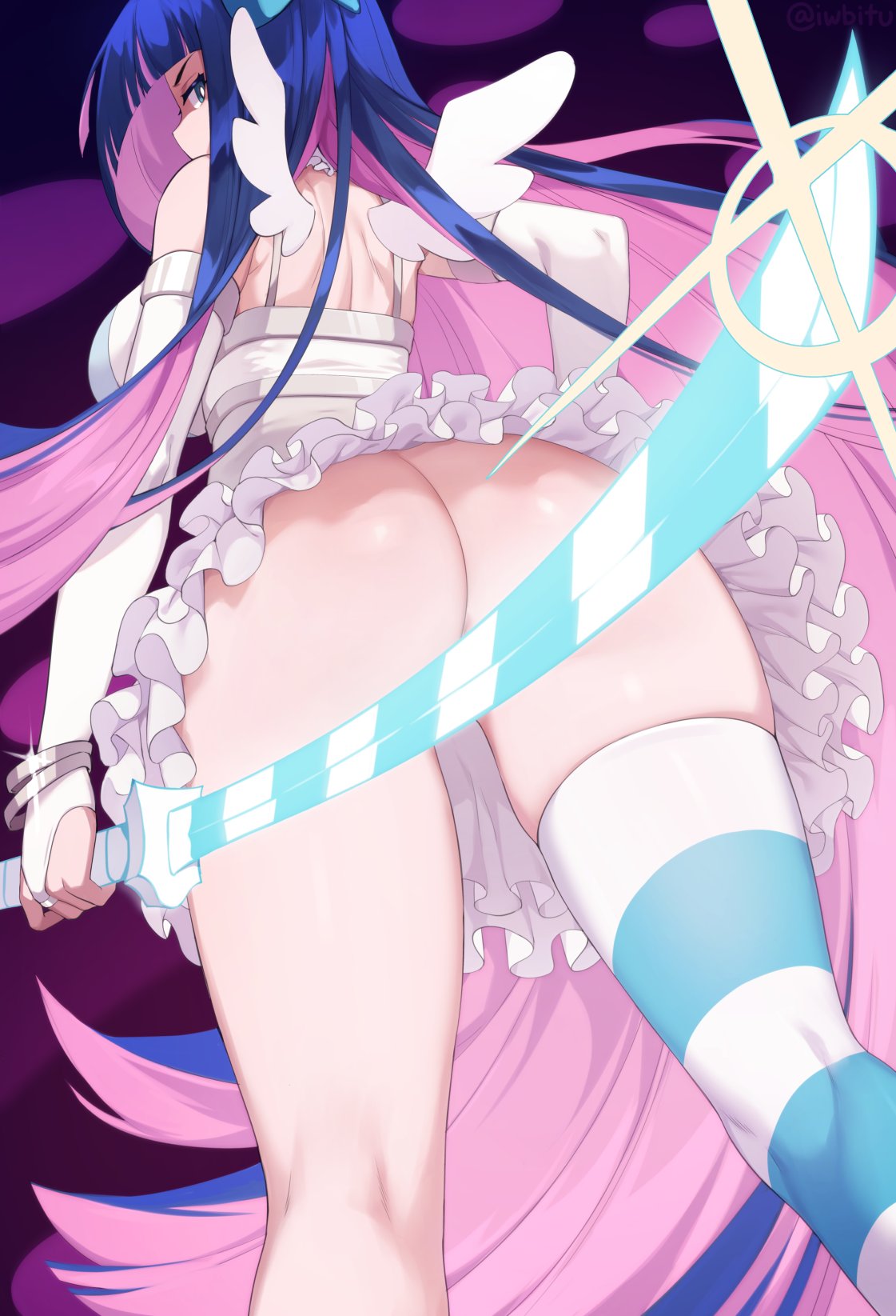 2d, ass, blender (disambiguation), female, female only, huge ass, iwbitu, looking at viewer, looking back, panty & stocking with garterbelt, skindentation, solo, stocking anarchy, thighhighs