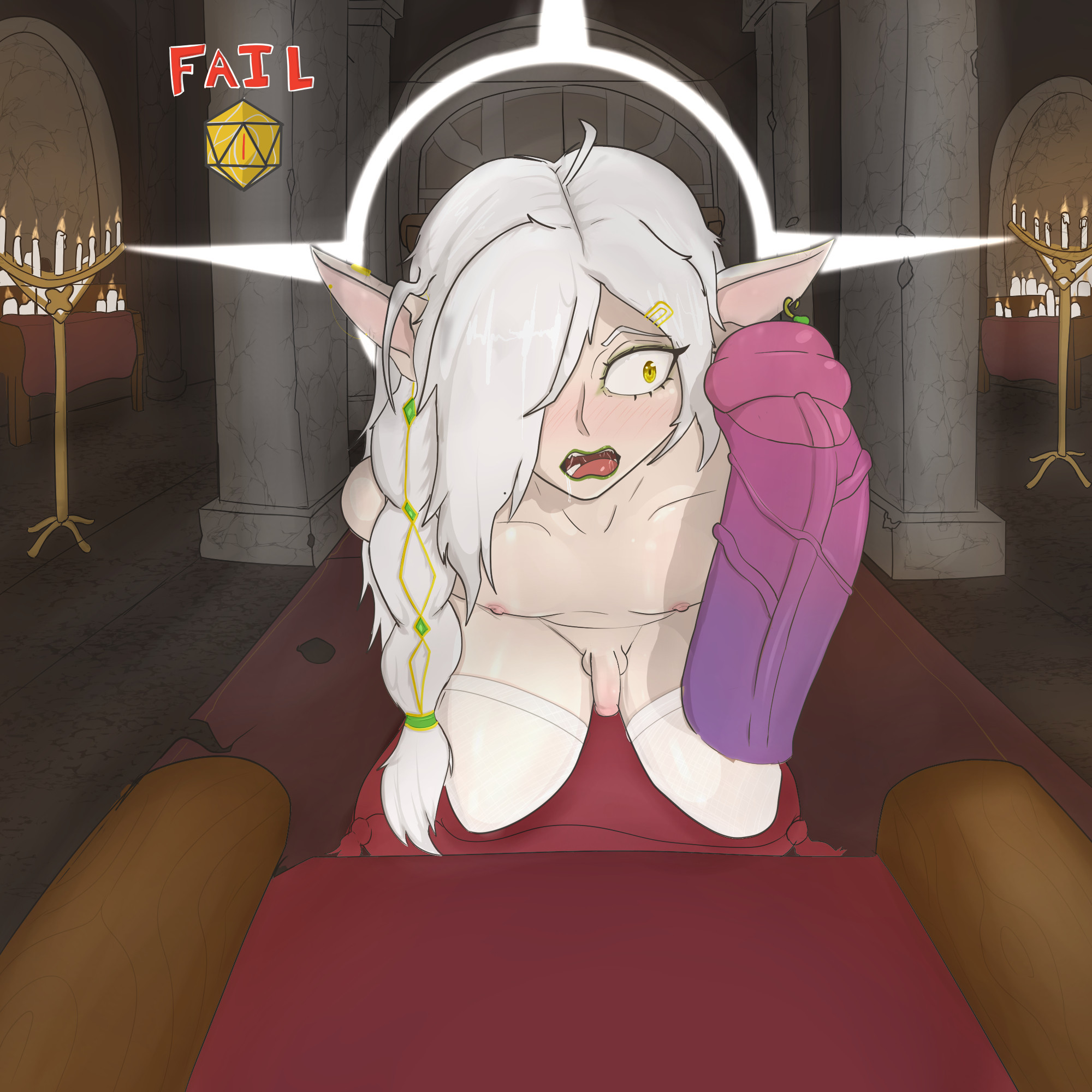 1boy, 1futa, arms behind back, big penis, braided hair, cock shock, defeated, demon, disembodied penis, drooling, elf, elf ears, femboy, futa on male, futanari, gold eyes, gold jewelry, halo, imminent oral, imminent rape, intersex, lipstick, luxywuxy, male, male focus, on knees, original character, penis, purple penis, self upload, shocked expression, small penis, smaller male, thighhighs, white hair