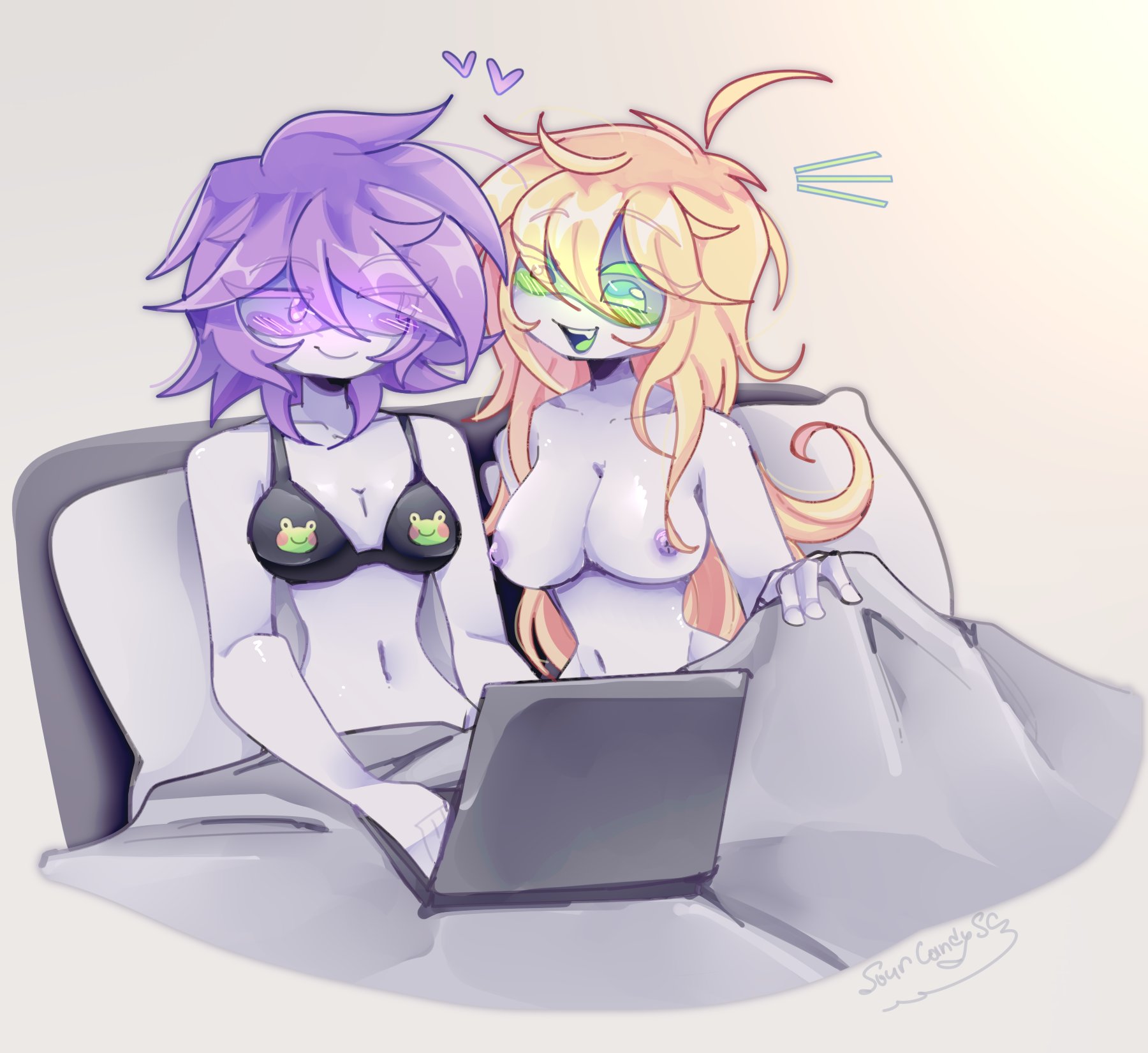 2d, 2girls, bed, blonde hair, blush, breasts, female, female only, genderswap, genderswap (mtf), glitch productions, green eyes, humanoid, humanoid female, large breasts, lesbian, lesbians, multiple females, multiple girls, murder drones, nipples, purple eyes, robot, robot girl, robot humanoid, rule 63, screen face, sourcandysc, thad (murder drones), thuzi, topless, uzi (murder drones), white body, worker drone, yuri