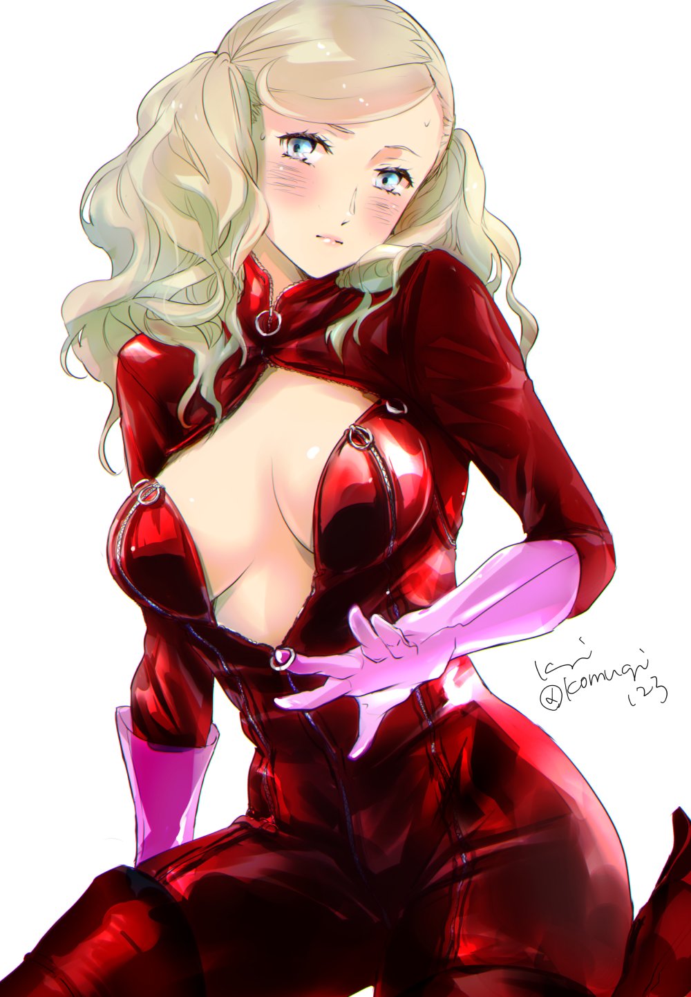 1girls, 2d, ann takamaki, ann takamaki (panther), artist name, artist signature, atlus, blonde hair, blue eyes, blush, bodysuit, cleavage, cleavage cutout, female, komugi123, light skin, looking at viewer, persona, persona 5, phantom thief suit, solo, solo female, tagme, twintails, white background