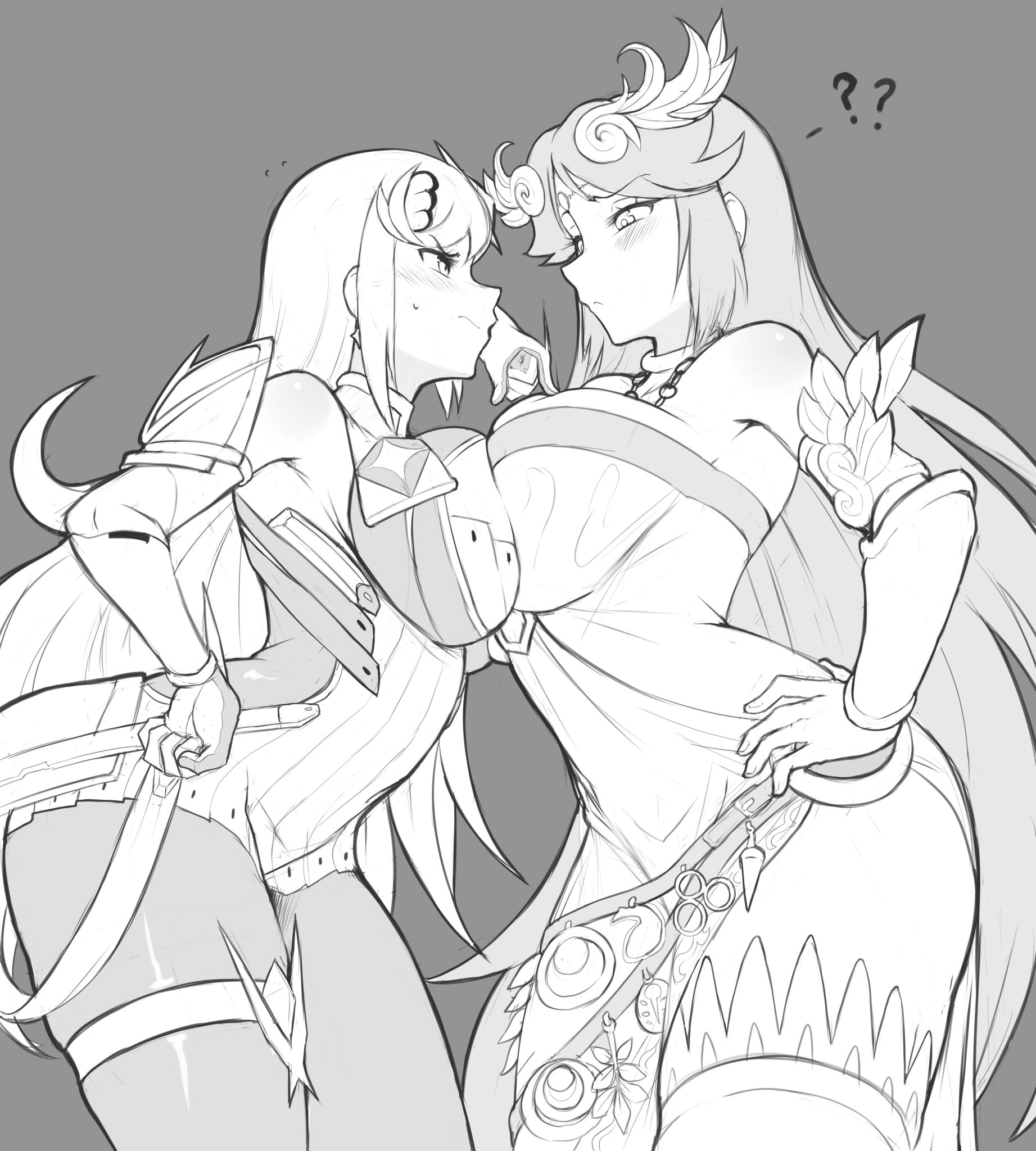 2girls, ass, bagelbomb, big ass, big breasts, black and white, blush, breast press, breasts, female, jealous, kid icarus, long hair, monochrome, mythra, palutena, super smash bros., thick thighs, xenoblade (series), xenoblade chronicles 2