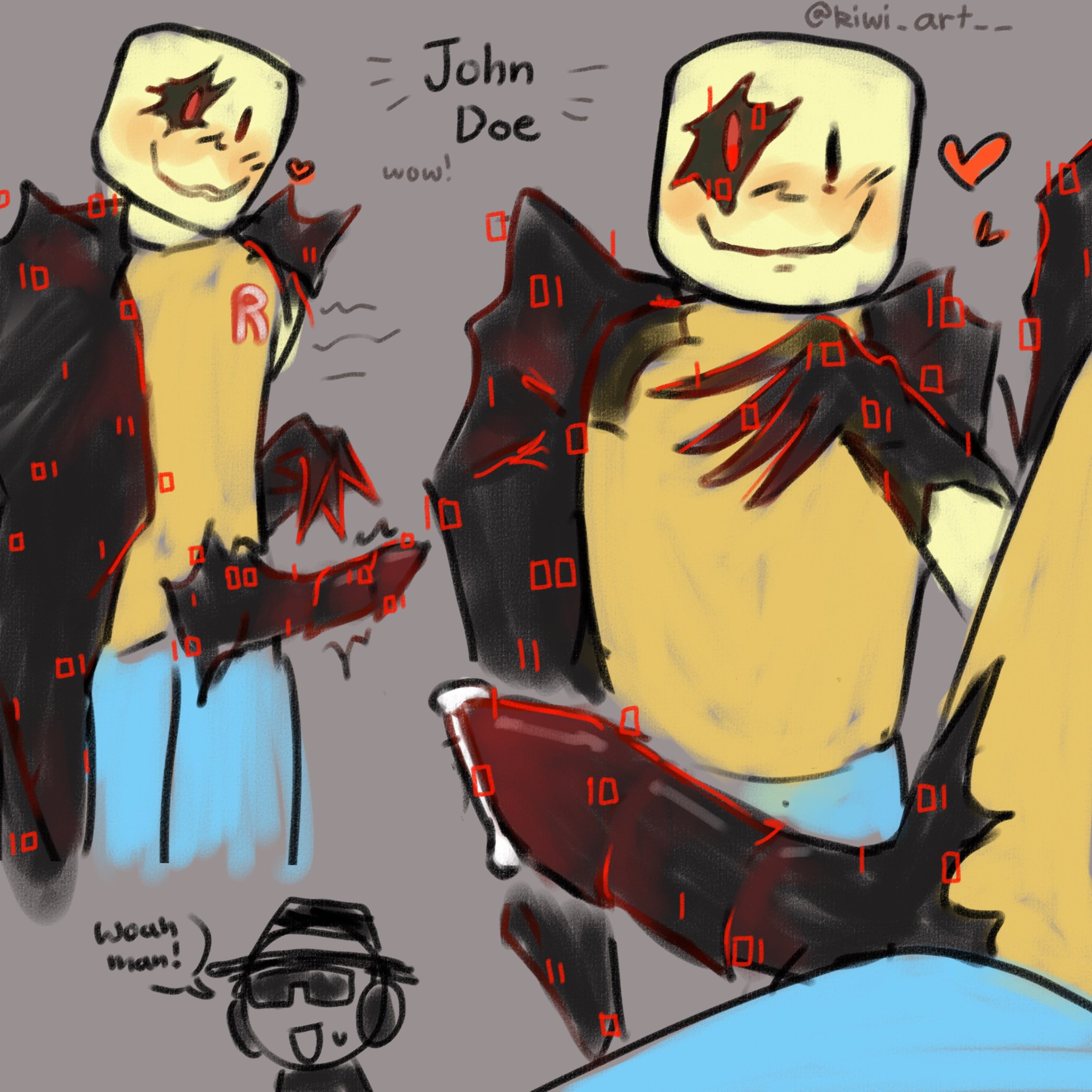 :), 2boys, black hat, black headwear, black penis, blush, chance (forsaken), doodle, fedora, forsaken (roblox), glasses, grey background, hat, headphones, headwear, heart, john doe (forsaken), john doe (roblox), kiwi art  , looking at viewer, male, male only, mouth open, open mouth, penis, precum, precum drip, roblox, roblox game, robloxian, smile, smiling, solo, standing, text, text bubble, yellow body, yellow skin