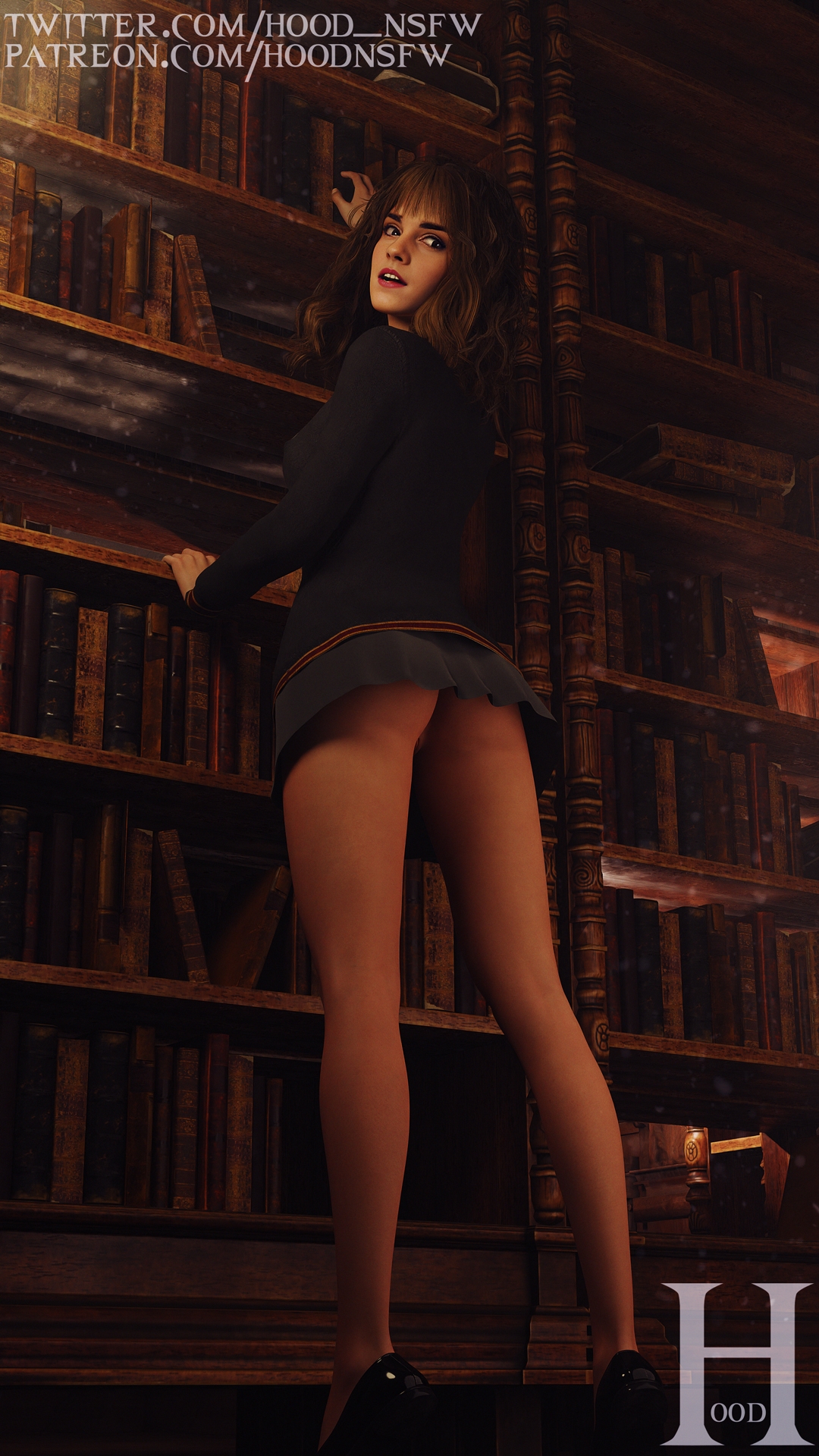 1girls, 3d, brown hair, emma watson, female, female only, gryffindor, harry potter, hermione granger, hood nsfw, no panties, pussy, skirt, solo, upskirt, wardrobe malfunction, witch (harry potter)