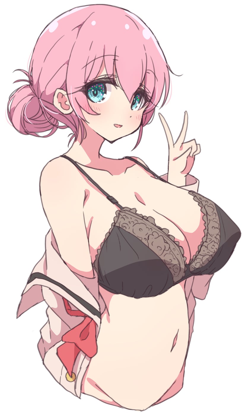 1girls, big breasts, black bra, blue eyes, bocchi the rock!, bottomless, bottomless female, bra, breasts, female, gotou michiyo, looking at viewer, melty pot, navel, open clothes, pink hair, simple background, tagme, v, v sign, white background