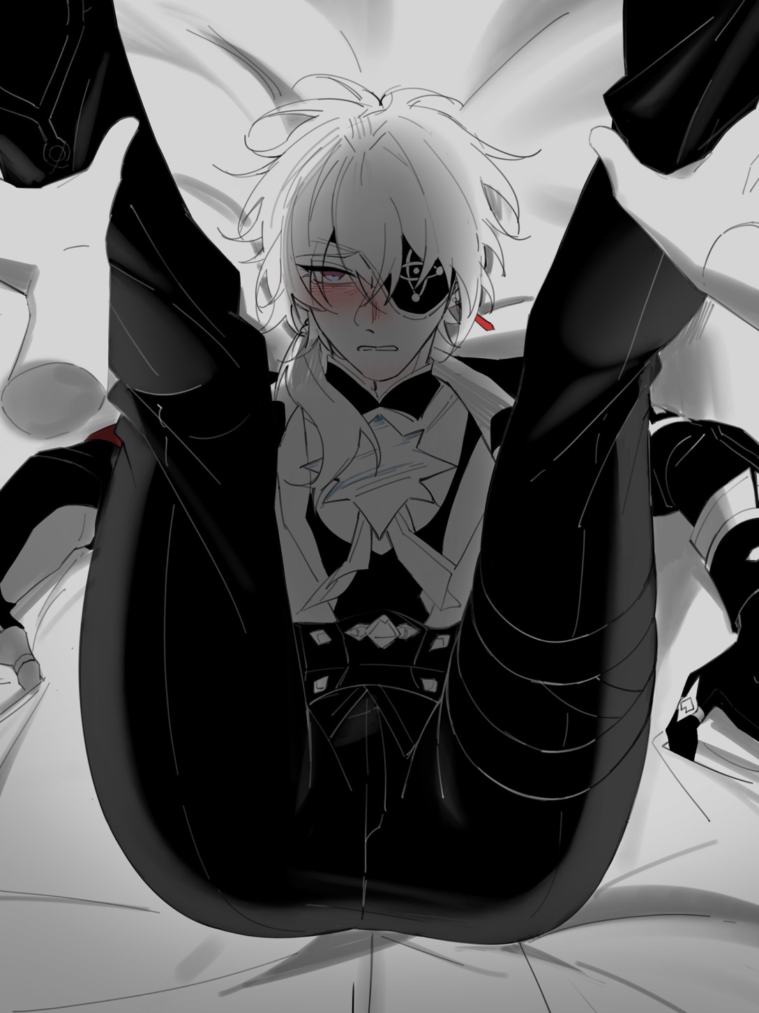 1boy, anaxa (honkai: star rail), blush, fully clothed, honkai: star rail, laying down, male, male only, pinned, shy, spread legs, video games