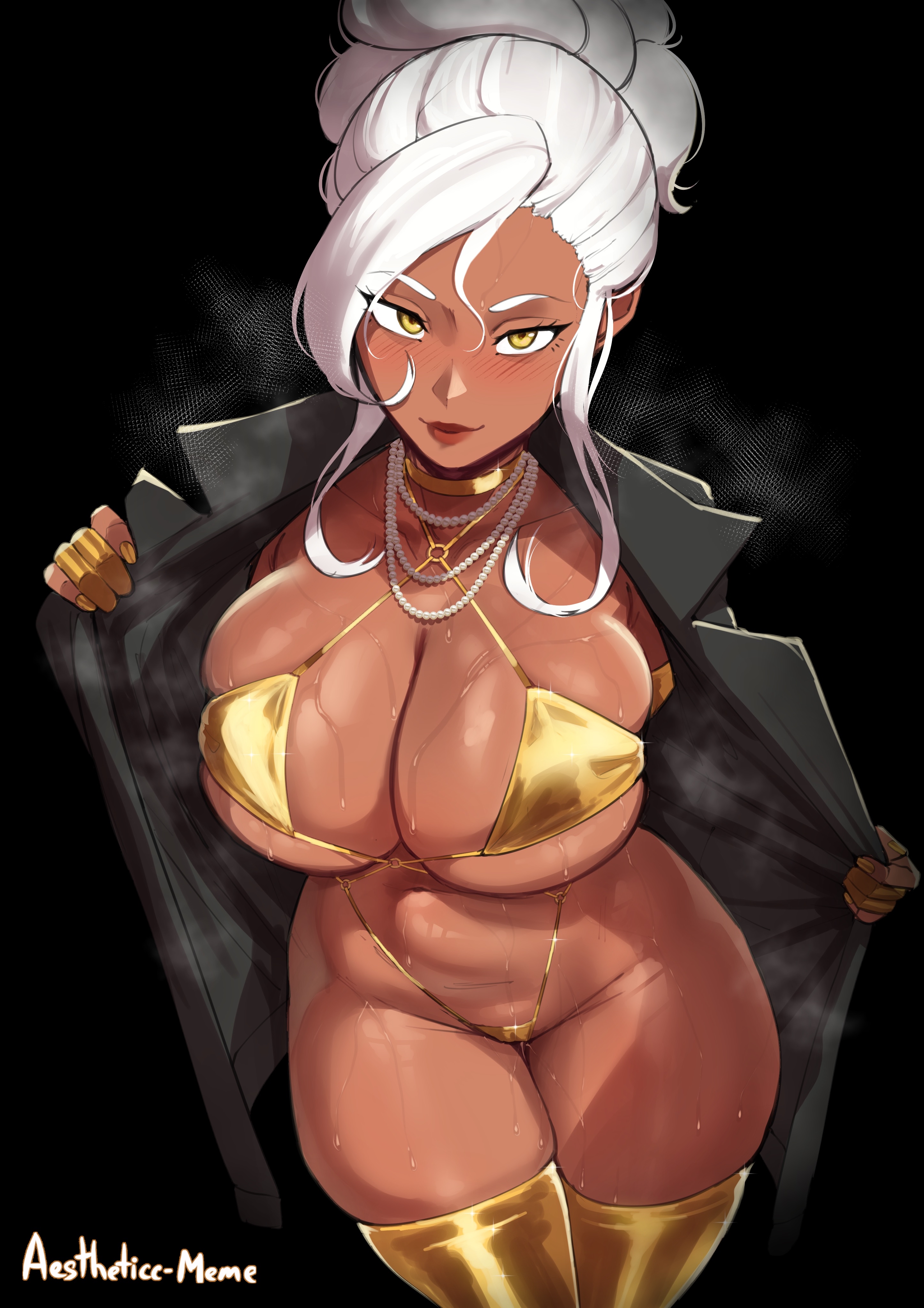 1girls, 2d, 2d (artwork), 2d artwork, aestheticc-meme, big breasts, breasts, color, colored, dark skin, dark-skinned female, dark-skinned sub, female, gold bikini, golden bikini, hi res, huge breasts, looking at viewer, milf, older female, sabrina (aestheticc-meme), shiny skin, solo, sweat, sweatdrop, sweating, sweaty, sweaty body, white hair