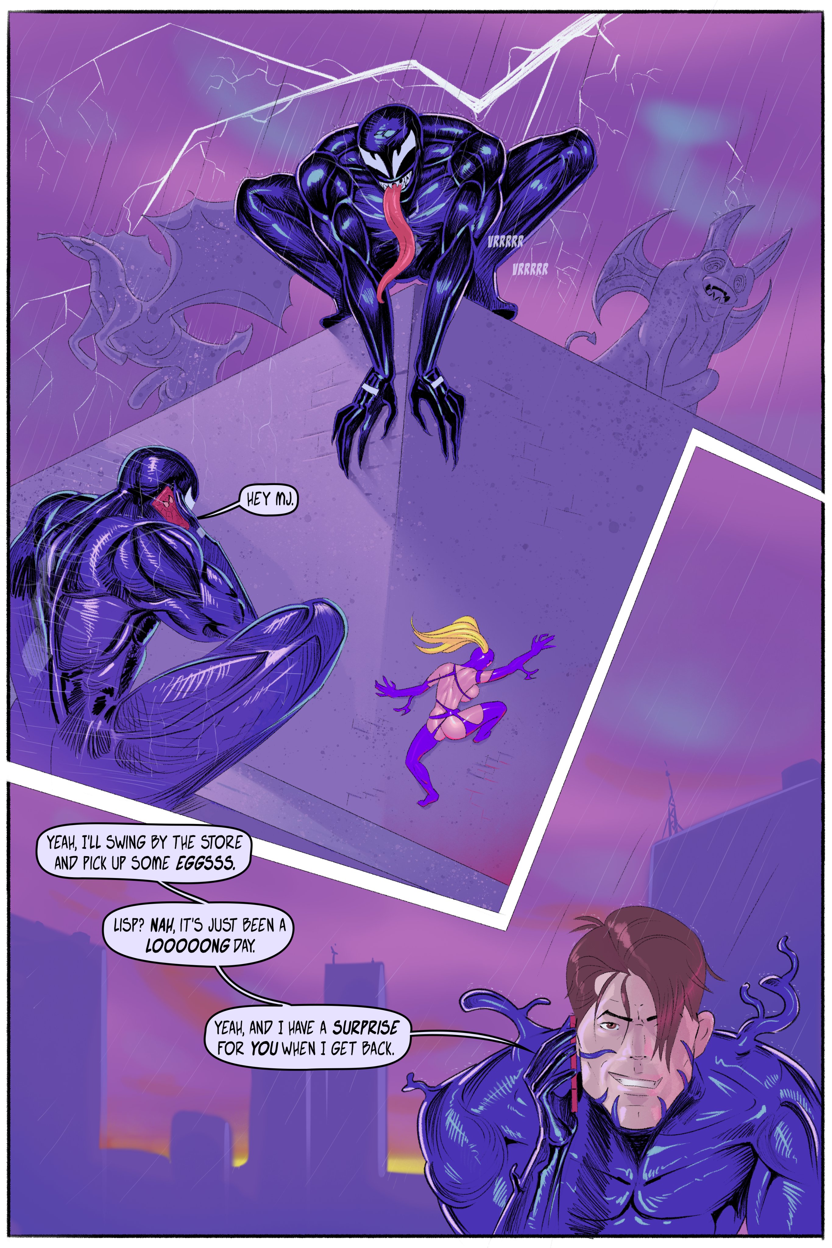 1boy, 1girls, after sex, balls, bodysuit, breasts, busty, comic, english text, female, gargoyle, gwen stacy, gwenom, hourglass figure, imminent sex, long tongue, male, marvel, marvel comics, meinfischer, muscular, muscular male, penis, peter parker, rain, rooftop, skimpy, spider-gwen, spider-man (series), squatting, symbiote, tagme, testicles, venom, venom (marvel), venom's kiss (comic), wide hips
