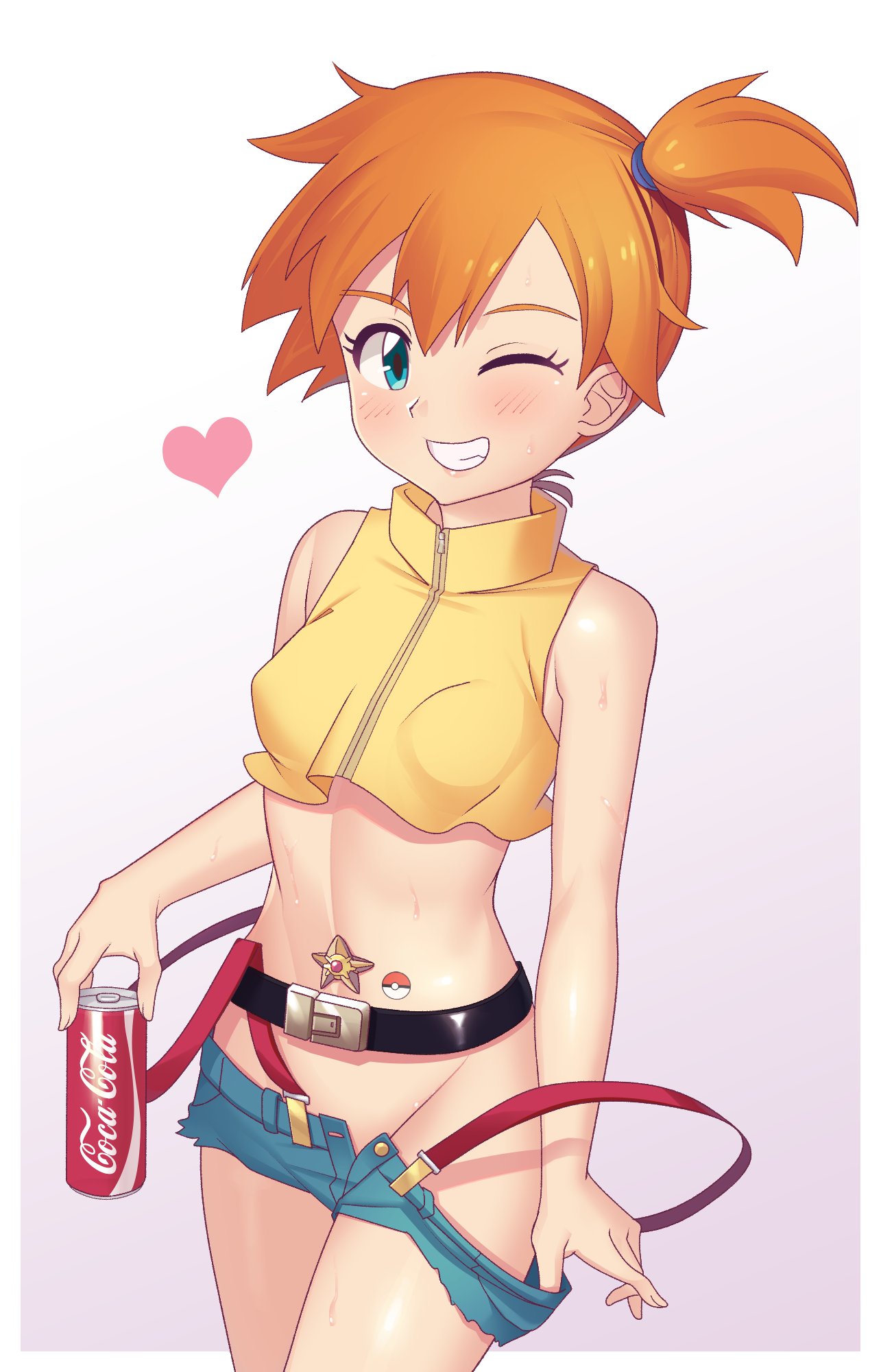 1girls blush breasts coca-cola coke_bottle heart kasumi_(pokemon) looking_at_viewer orange_hair pokemon pokemon_rgby red_hair shorts smile staryu suspenders tagme undressing wink