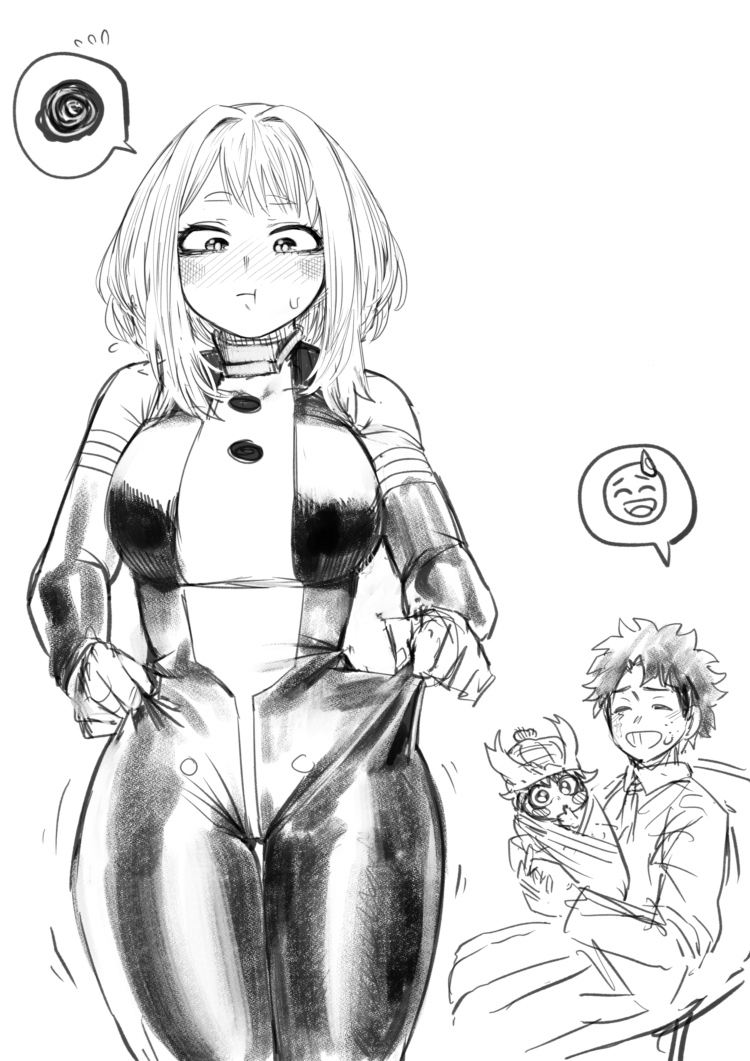 amano44, asian female, asian male, baby, big thighs, black and white, blush, blush lines, blushing, bodysuit, curvaceous, curvy, curvy figure, deku, family, female, hero outfit (mha), hips, izuku midoriya, male, medium hair, monochrome, mother, my hero academia, my hero academia (finale), ochako uraraka, ochako uraraka (hero outfit), post-timeskip, thick thighs, uraraka ochako, uraraka ochako (hero outfit), uravity, whole, wholesome