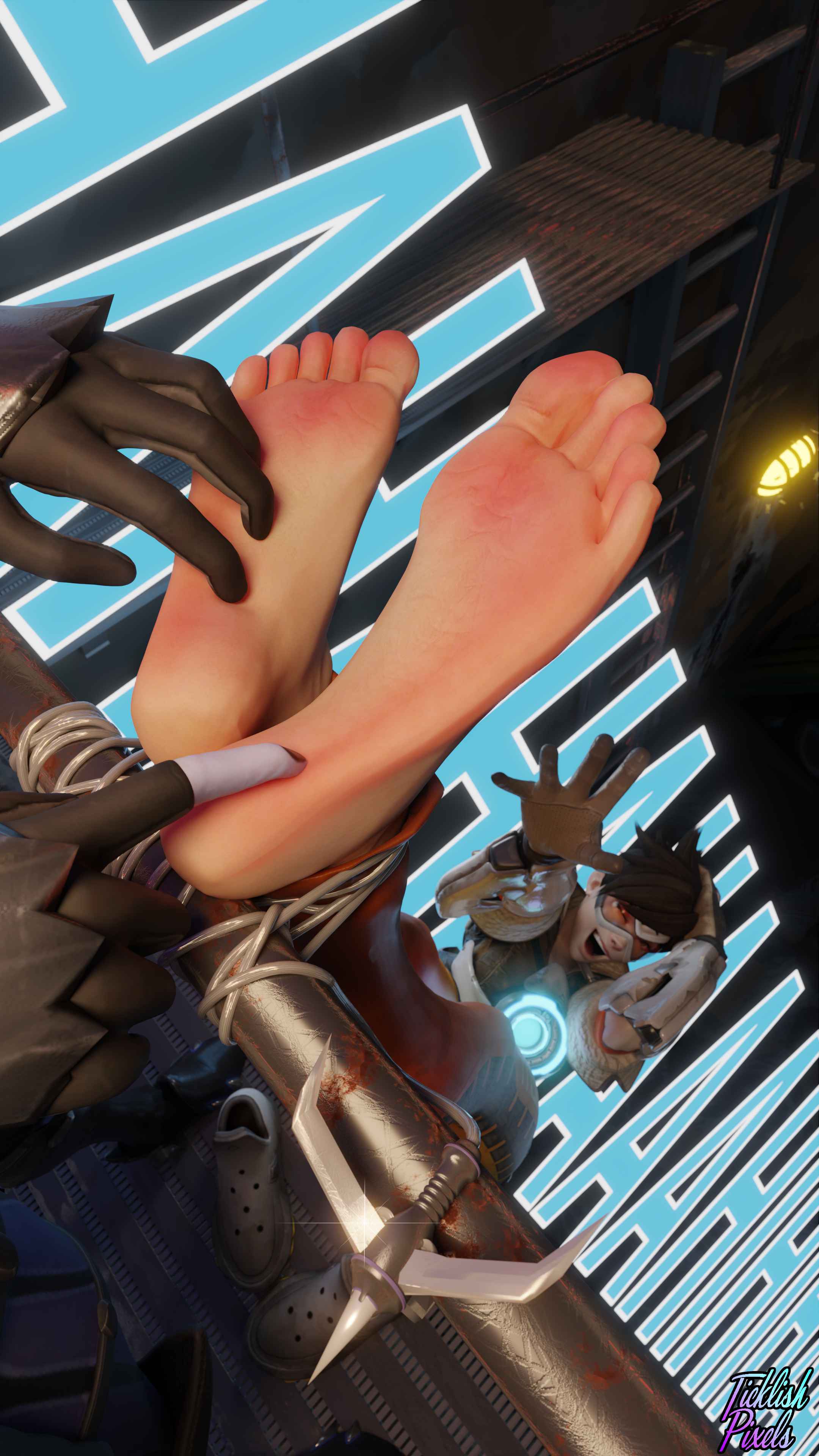 3d big_feet feet overwatch purple_skin tagme tickling tickling_feet ticklishpixels tracer widowmaker