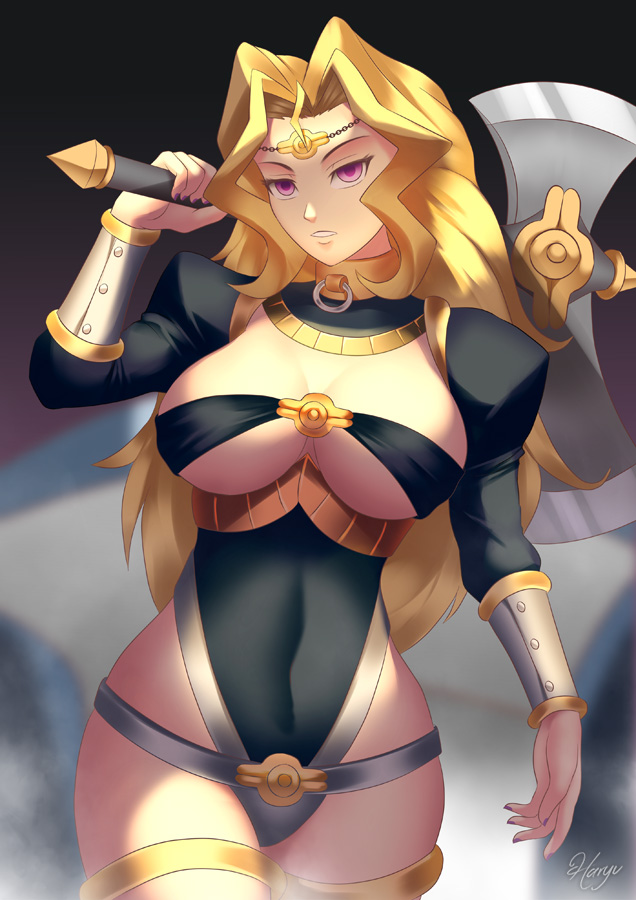 1girls, axe, barbarian, blonde hair, bracers, breasts, cleavage, female, female only, haryudanto, hourglass figure, jewelry, large breasts, light skin, light-skinned female, long hair, mai valentine, mind control, pale skin, pale-skinned female, purple eyes, slave, solo, solo female, wide hips, yu-gi-oh!