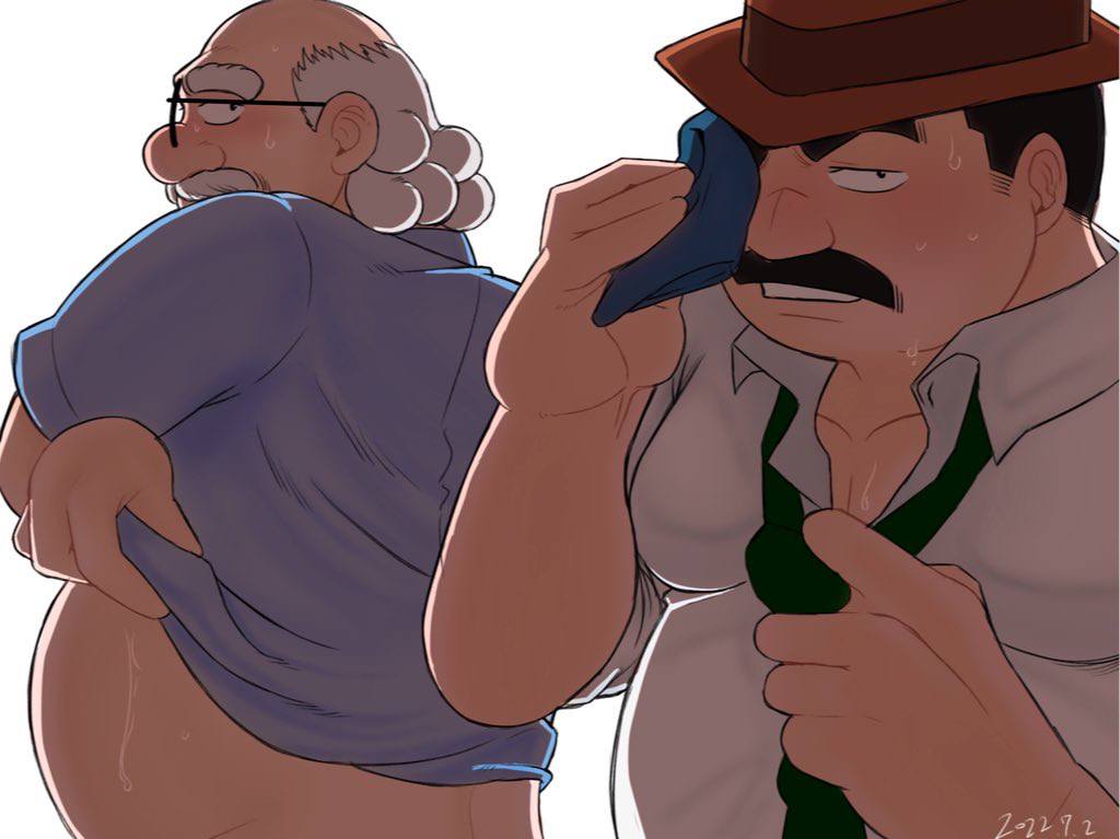 2022 2boys adult adult_male belly bushy_hair detective_conan elderly_male fat fat_man gay glasses gray_shirt hankerchief hat hiroshi_agasa lifting_shirt looking_at_viewer male male/male male_focus married married_man megure_juuzou moustache no_background no_sex old_man older_man policeman round_belly scientist showing_teeth standing sweating taking_off_clothes taking_off_shirt thick_eyebrows tie undoing_tie undressing undressing_self white_background white_shirt wiping_face wiping_sweat yaoi yosi_0510