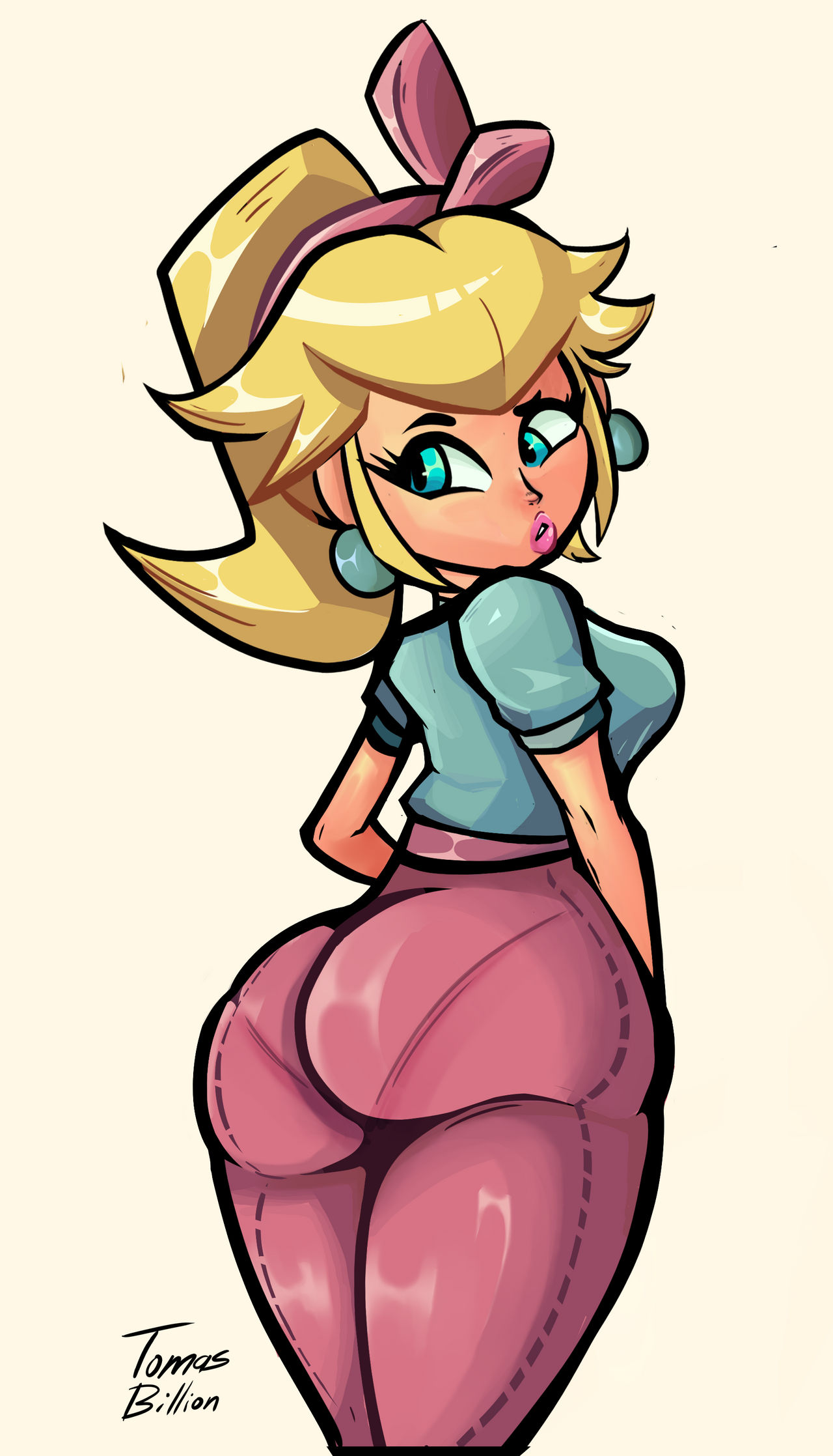 1girls, ass, ass focus, big ass, blonde female, blonde hair, blue eyes, cartoony, earrings, female, high waisted pants, jeans, mario (series), mario kart, mario kart world, nintendo, official alternate costume, pantylines, princess peach, princess peach (sightseeing), tight clothing, tight jeans, tight pants, tomtomtomthetom