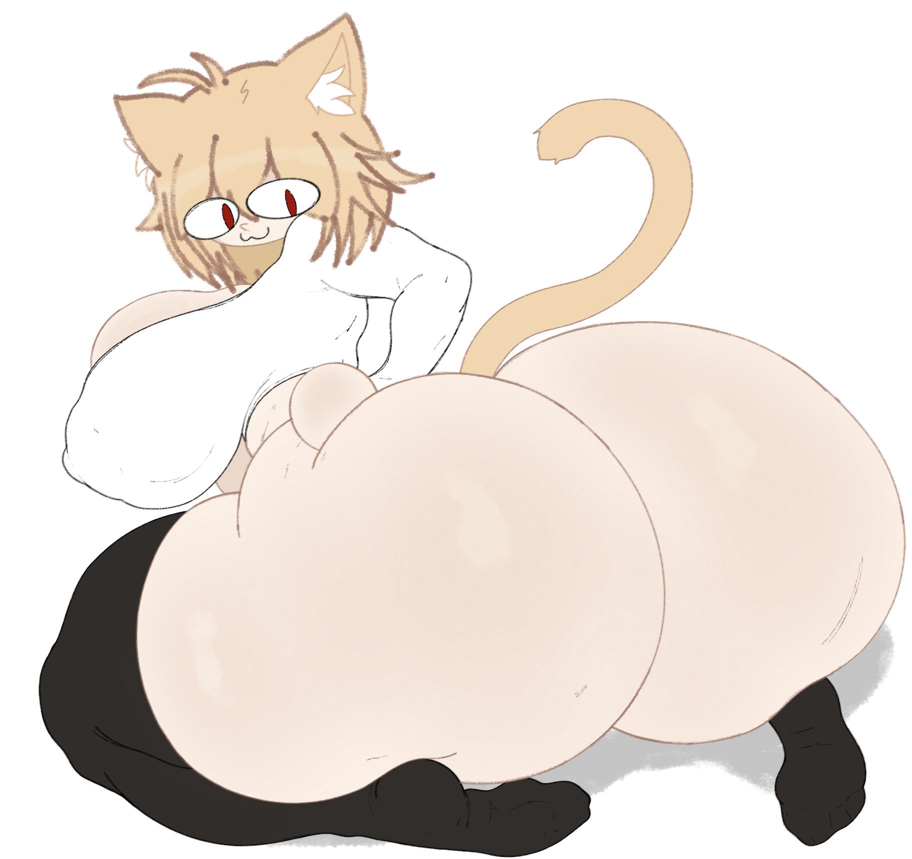 :3, 1girls, 2d, animal ears, anthro, anthro female, anthro only, ass, big breasts, breasts, bubble ass, bubble butt, cat ears, cat tail, feline, female, female only, fizzybiscuits, looking back, melty blood, neco-arc, nipple bulge, on knees, red eyes, smile, solo, tail, thick thighs, thighhighs, tsukihime, type-moon, white background, yellow hair