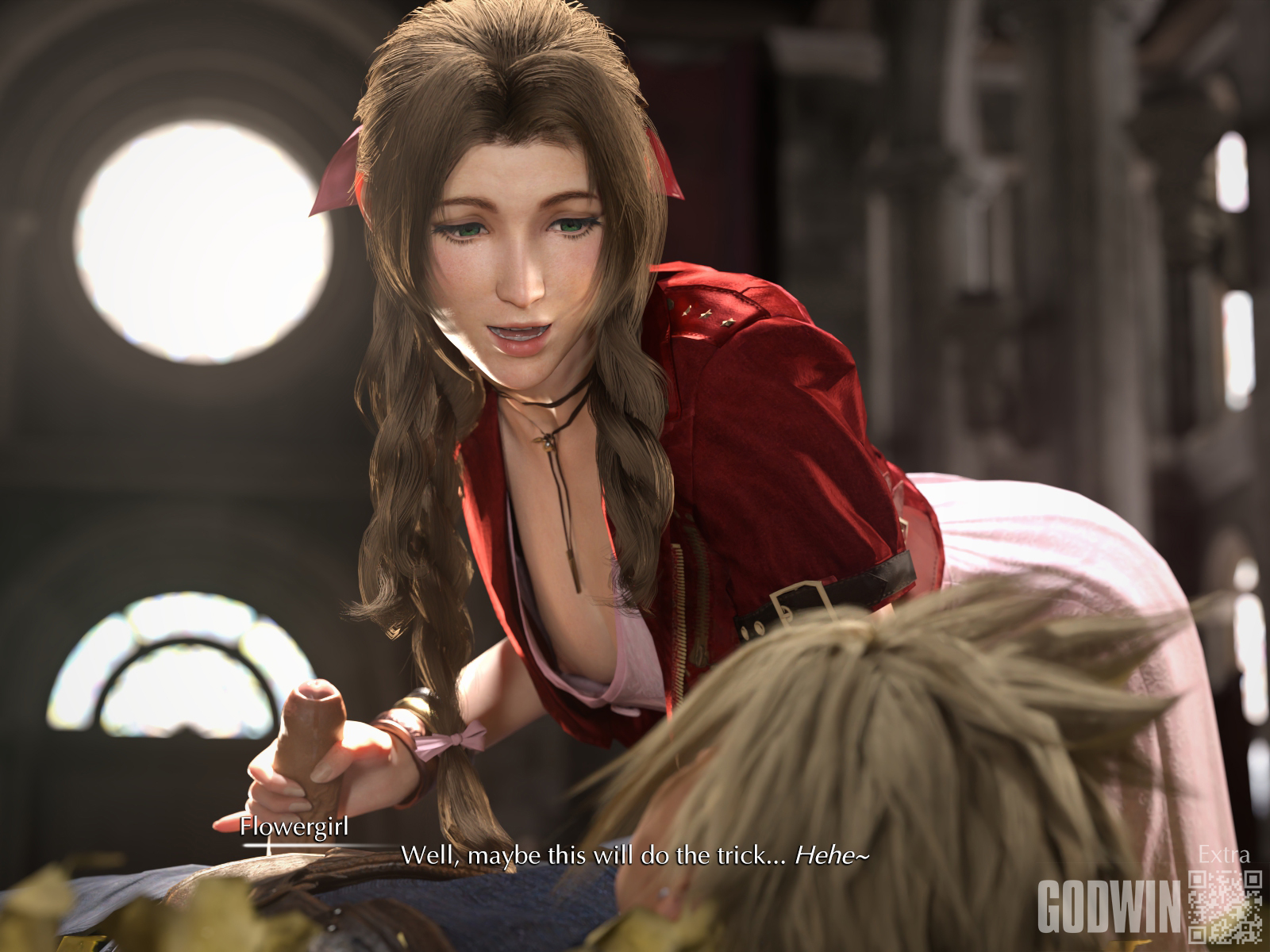 1boy, 1girls, 3d, aerith gainsborough, blonde hair, braid, braided hair, braided ponytail, breasts, brown hair, caption, cleavage, clothed, clothed male, cloud strife, dialogue, female, final fantasy, final fantasy vii, final fantasy vii remake, foreskin, godwin, green eyes, handjob, holding penis, light skin, light-skinned female, light-skinned male, long hair, looking at another, male, mischievous smile, neroxliv, nipple slip, nipslip, penis, penis out, playful, precum, precum on penis, small breasts, smirk, smirking, subtitled, tagme, uncircumcised