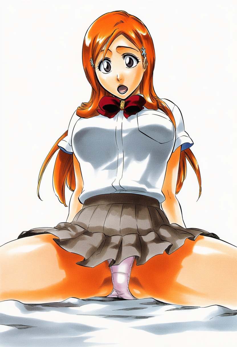 :o, 1girls, accurate art style, accurate body type, ai generated, arms behind back, bed, big breasts, bleach, bow, bowtie, breasts, brown eyes, busty, fanart, female, female focus, female only, grey skirt, hair ornament, highres, inoue orihime, large breasts, light skin, light-skinned female, long hair, looking at viewer, marker (medium), open mouth, orange hair, panties, pantsu, pantyshot, red bow, red bowtie, school uniform, shiny hair, shiny skin, short sleeves, simple background, sitting, skirt, solo, solo female, solo focus, spread legs, surprised, thick thighs, thighs, tite kubo style, underwear, uniform, white background, white shirt, ㅇㅇ