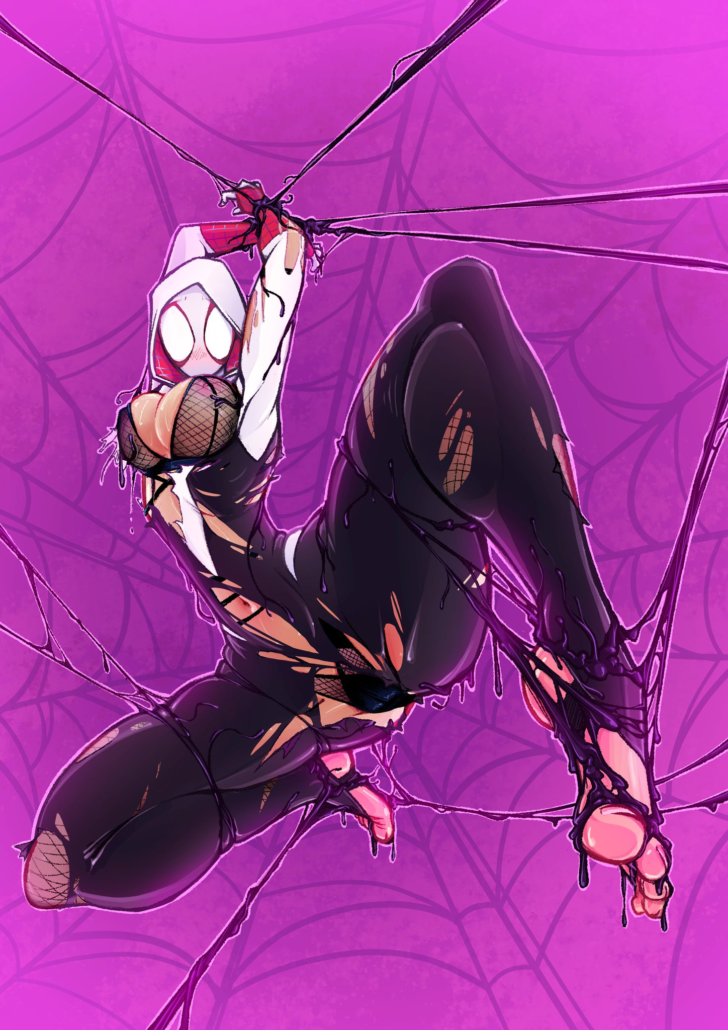 gwen stacy, marvel, marvel comics, nighty knight, restrained, ripped clothing, spider-gwen, spider-man (series), thick thighs, webbed feet, webbed hands